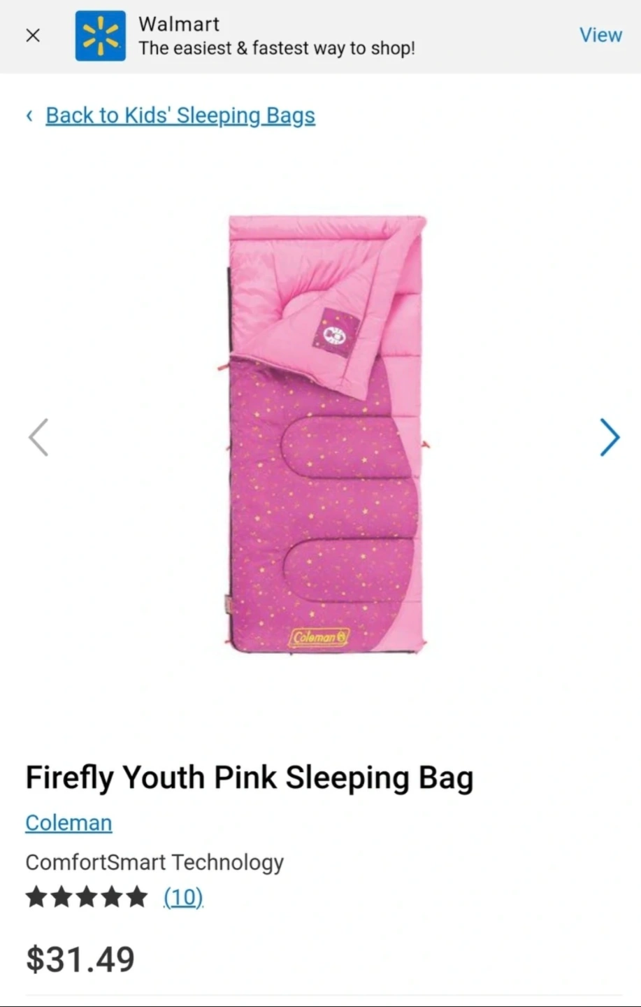 Coleman Firefly Youth Pink Sleeping Bag Karrot