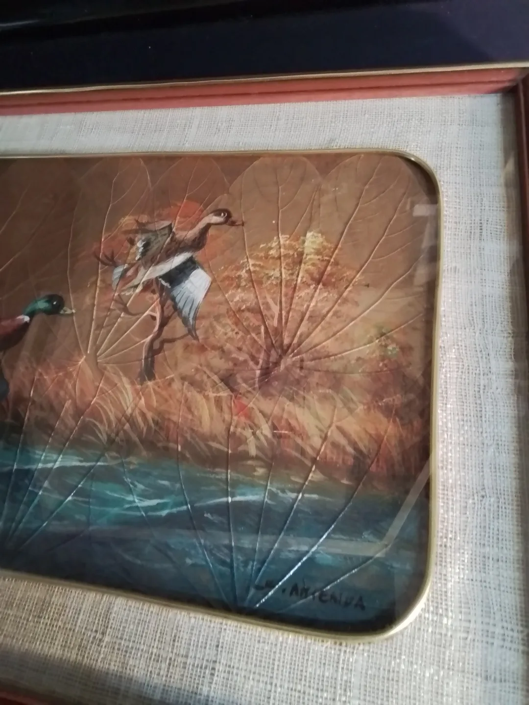 Vintage Framed Leaf Art Painting - Ducks in Flight image indicator(7)