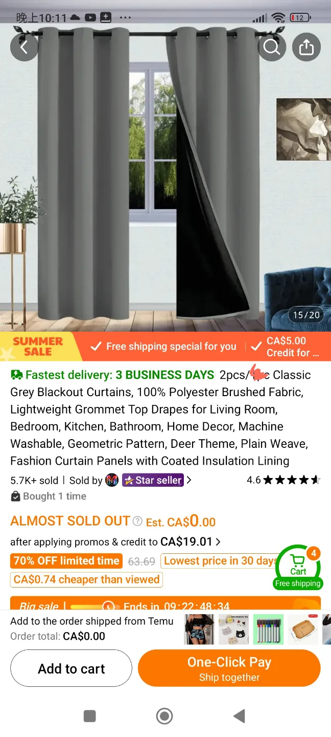 New 2pcs Grey Blackout Curtains Grommet Top thumbnail