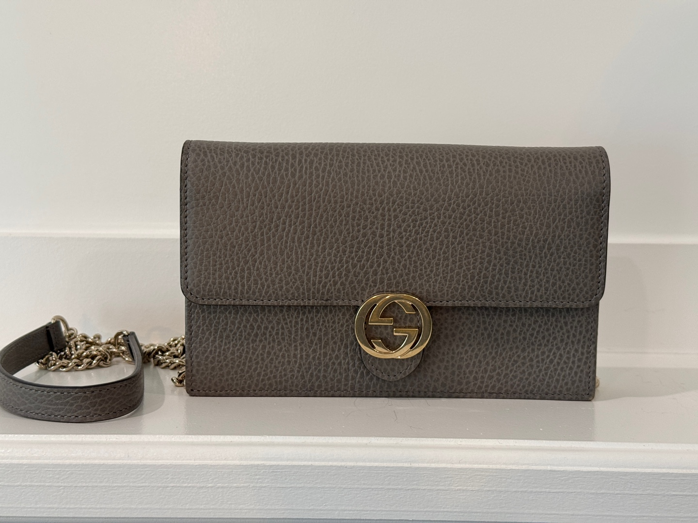 Gucci Grey Pebbled Leather Chain Wallet on Chain
