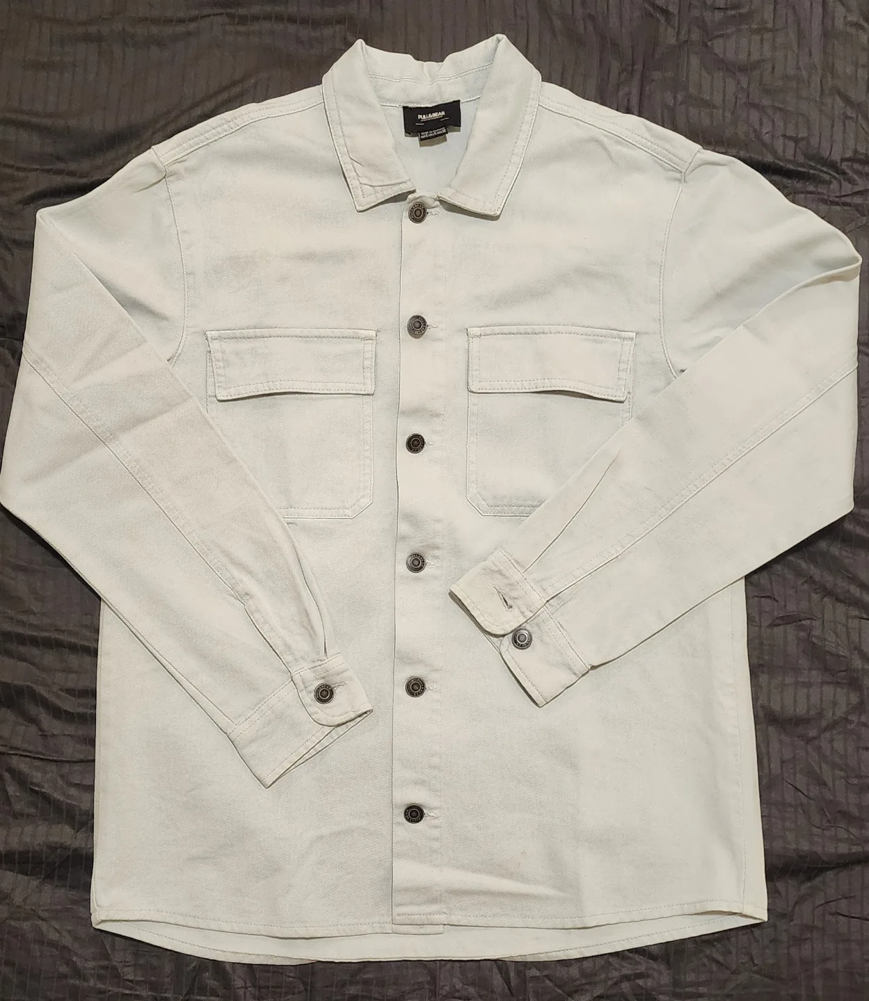 Pull&Bear Light Grey Denim Shirt Jacket, Size L thumbnail