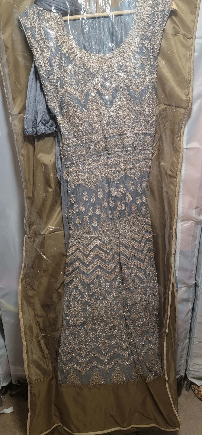Grey and Gold Embroidered Shalwar Kameez