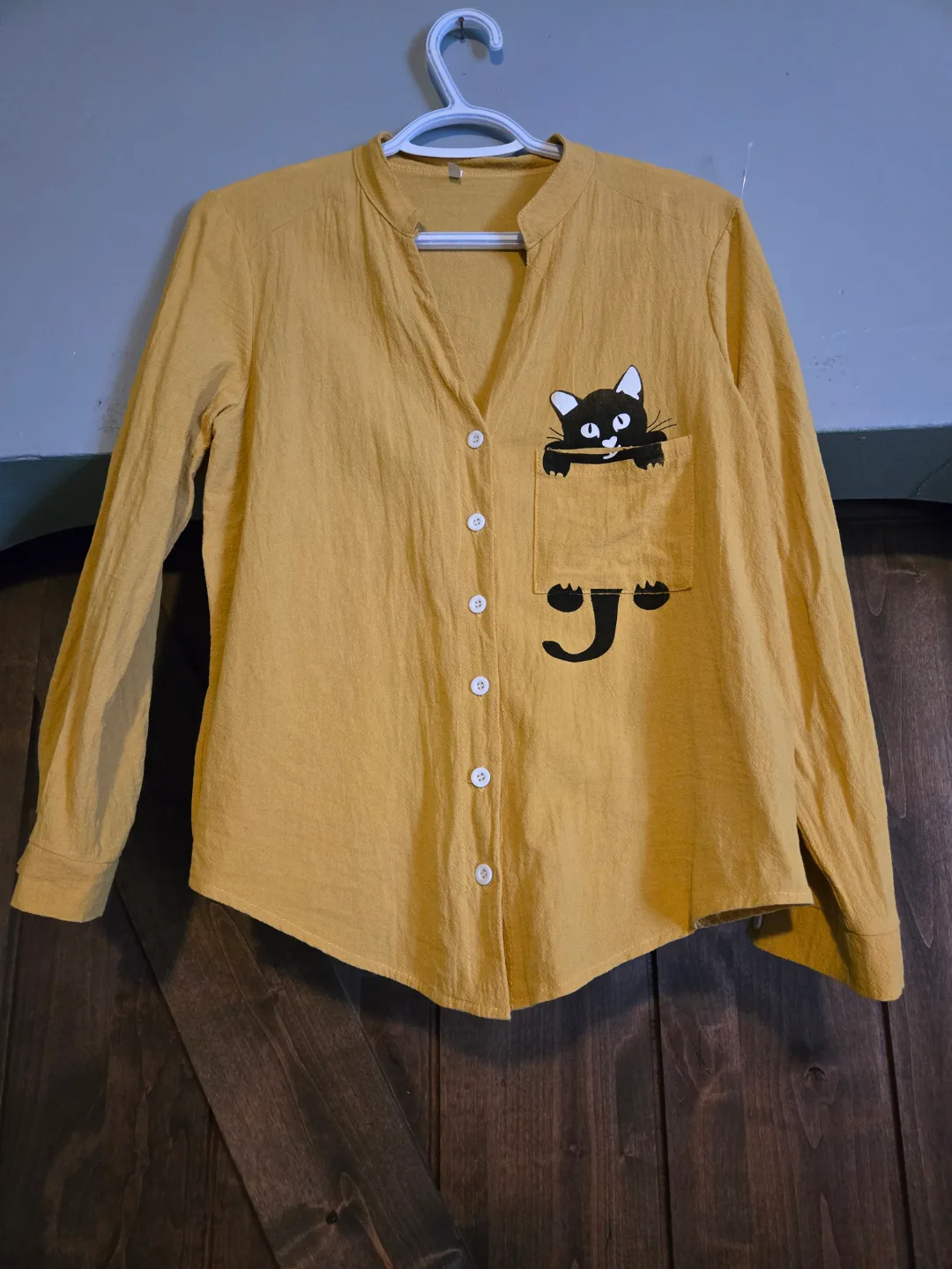 Mustard Yellow Button-Up Shirt with Cat Pocket Detail thumbnail