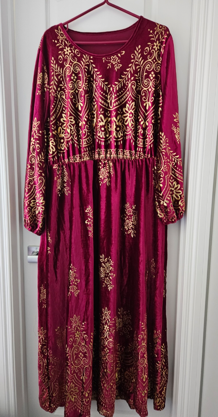 Burgundy Velvet Maxi Dress with Gold Print - photo 2