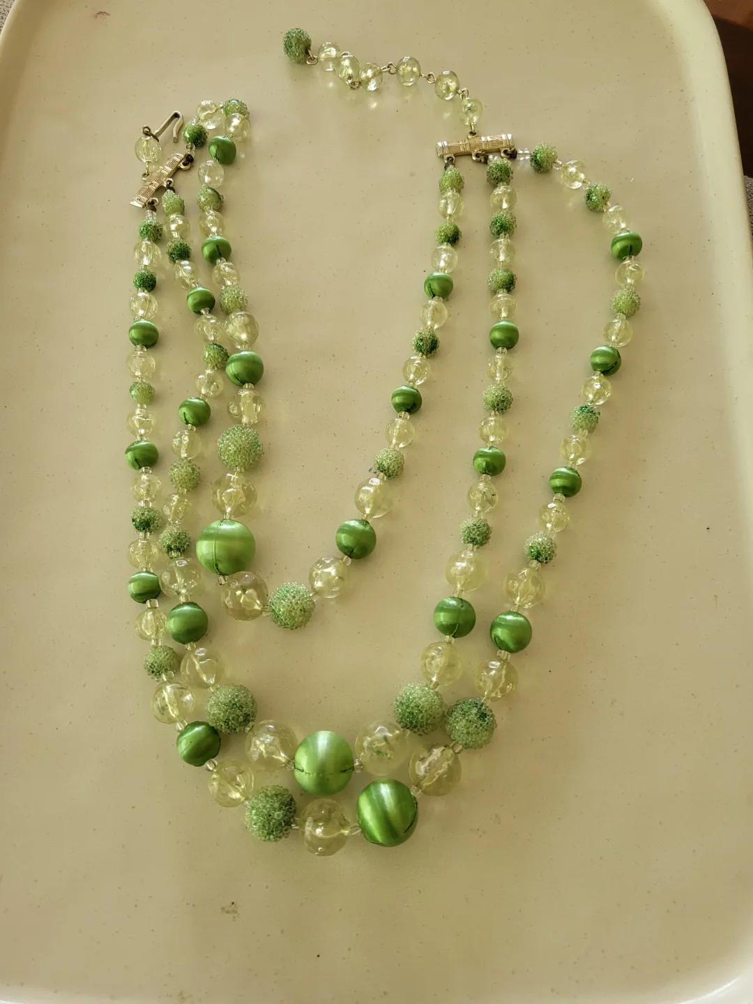 Vintage Three-Strand Beaded Necklace - Green & Clear Glass Beads thumbnail