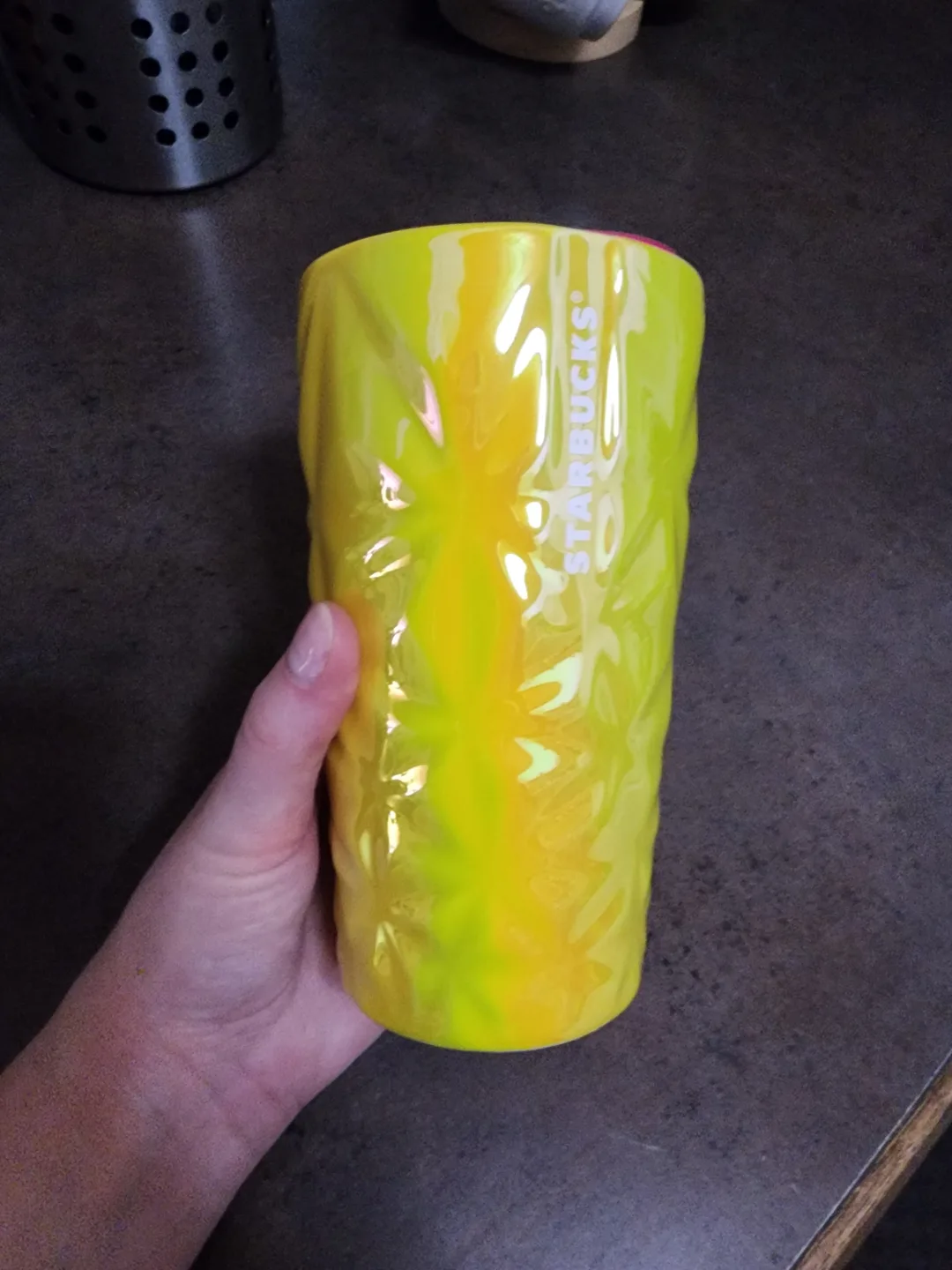 Starbucks iridescent yellow ceramic tumbler with pink lid thumbnail