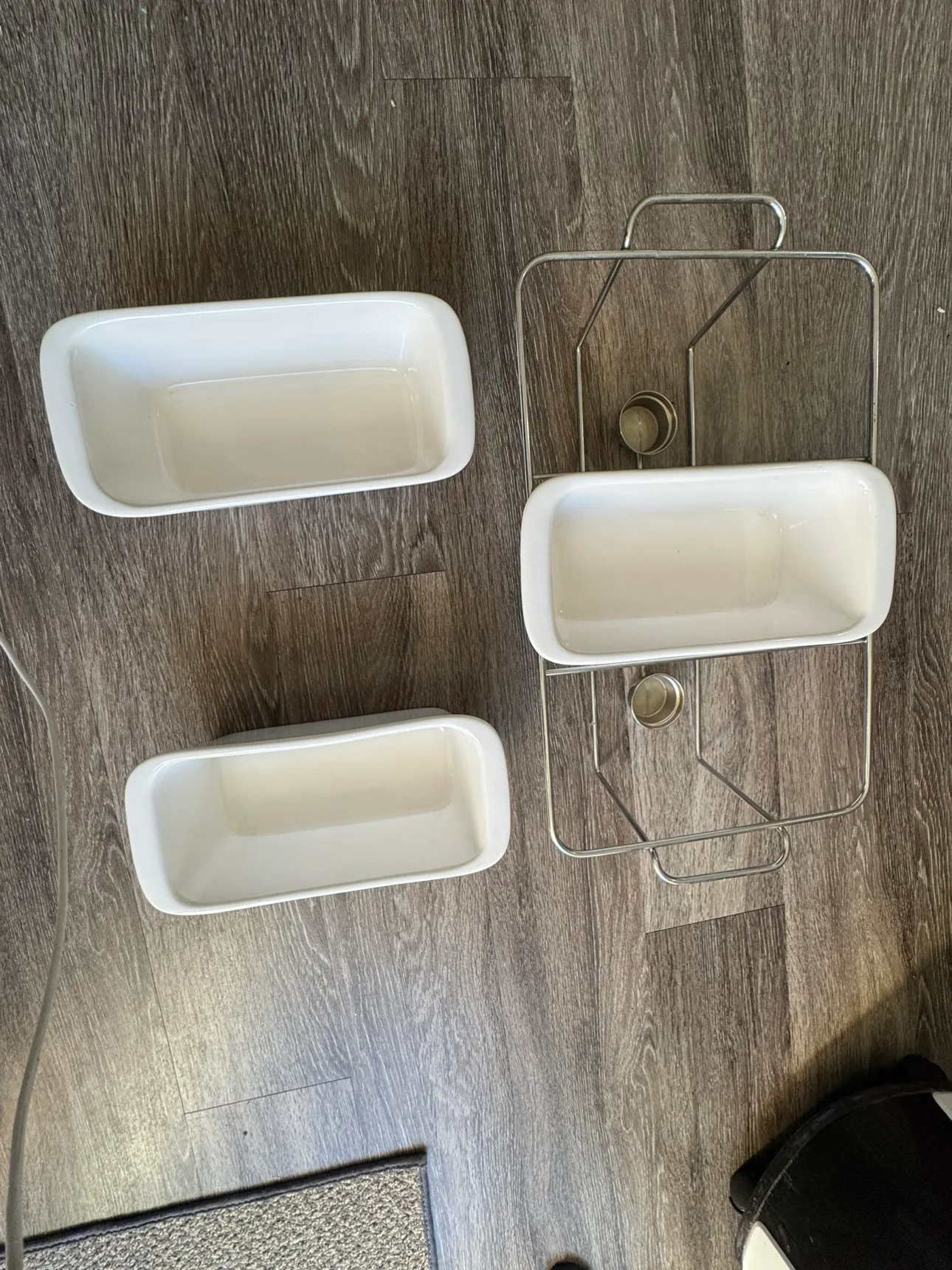 Three-Piece White Ceramic food warmer Dish Set with Metal Rack thumbnail