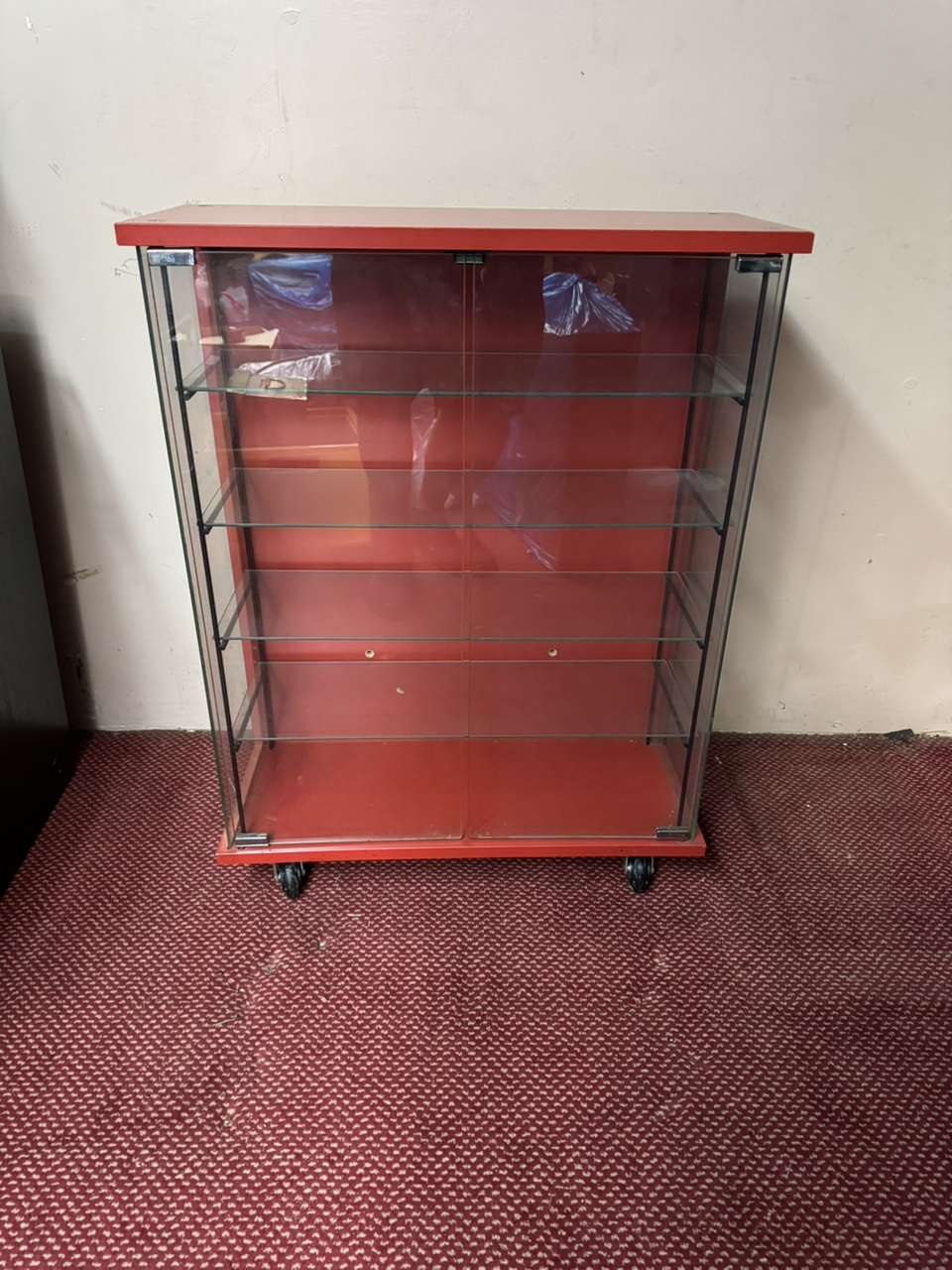 Red Glass Accent Cabinet With 2 Glass Doors and  4 Glass shelves