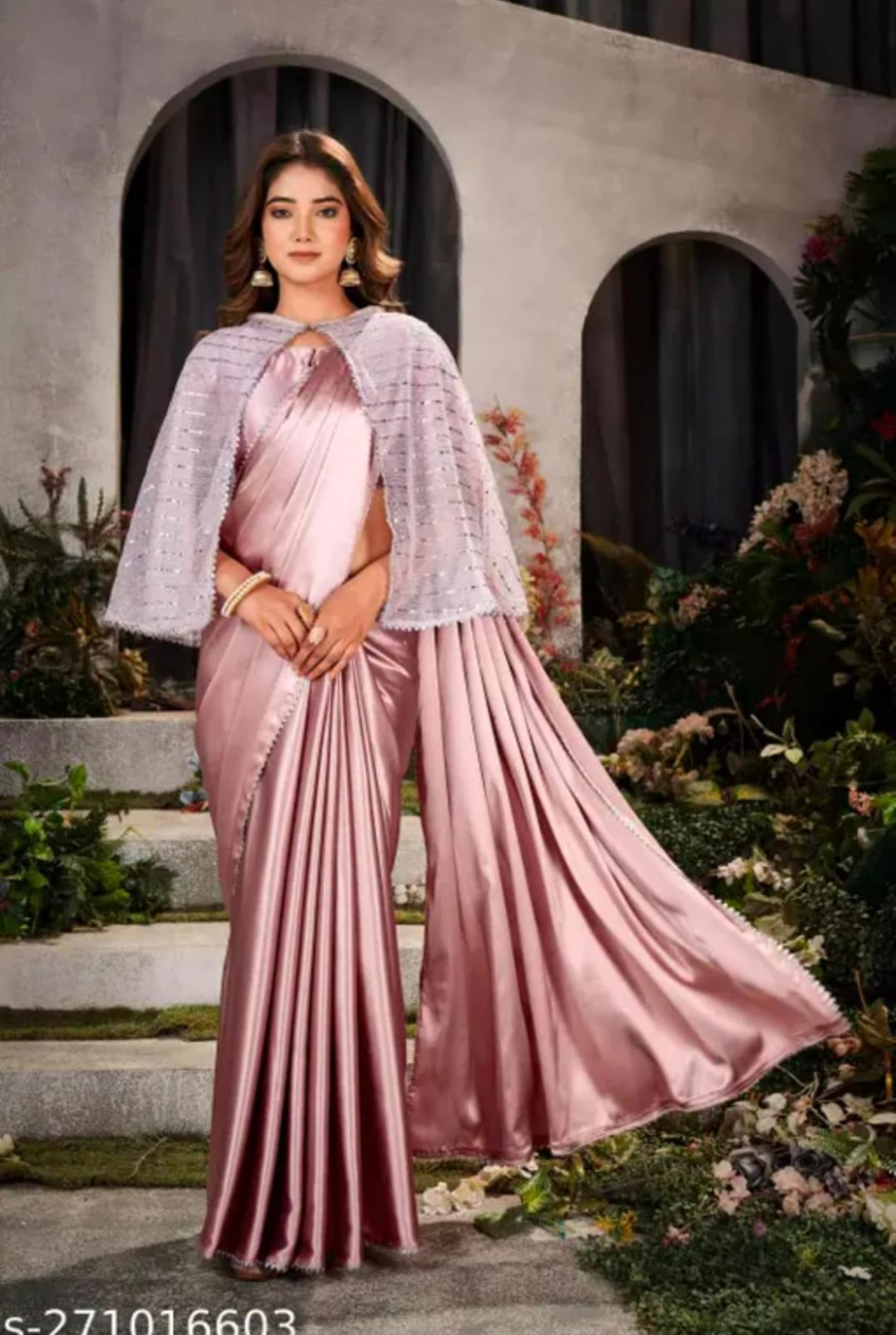 Pink Satin Saree with Embellished Cape