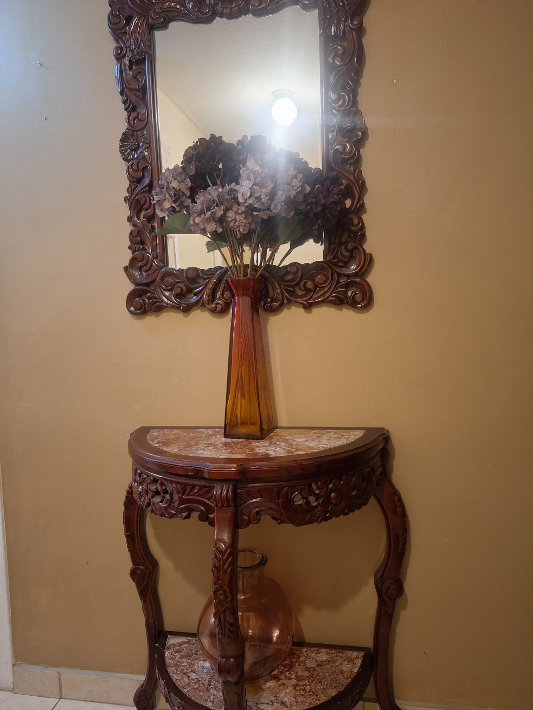Ornate Wooden Console Table with Marble Top and Matching Mirror