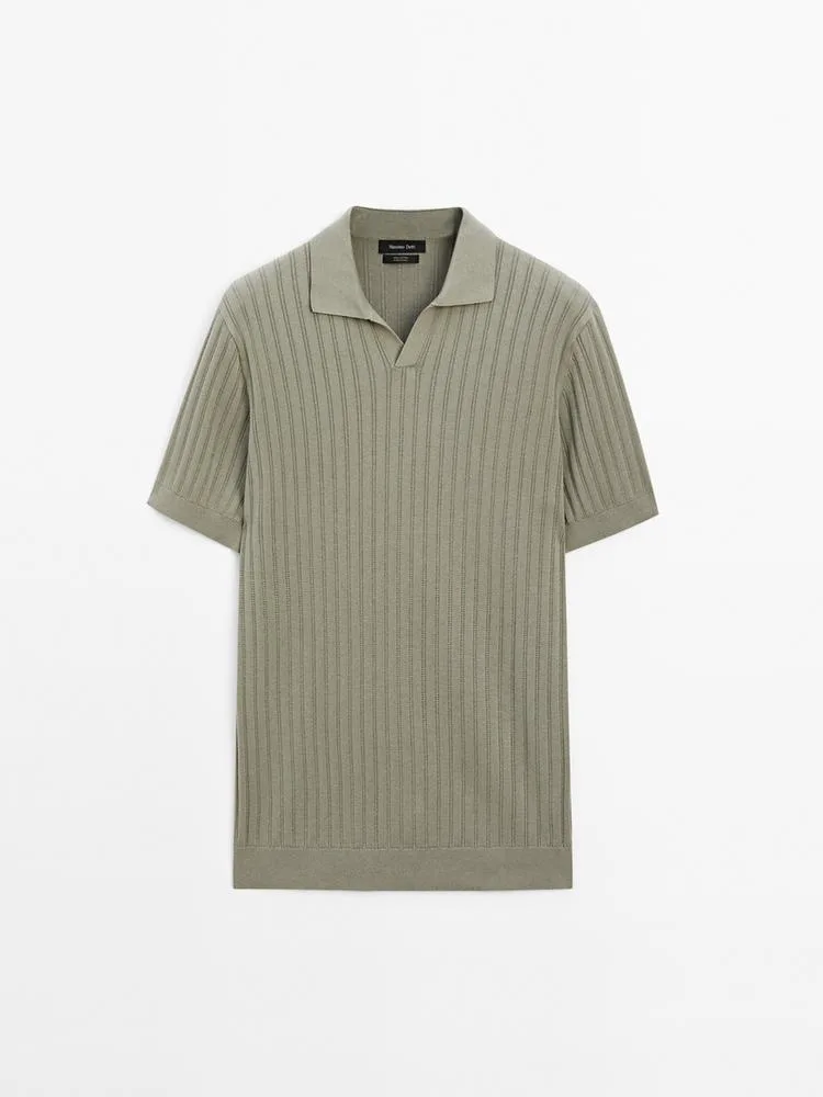 Men's Massimo Dutti Sage Green Knitted Johnny Polo Shirt image indicator(5)