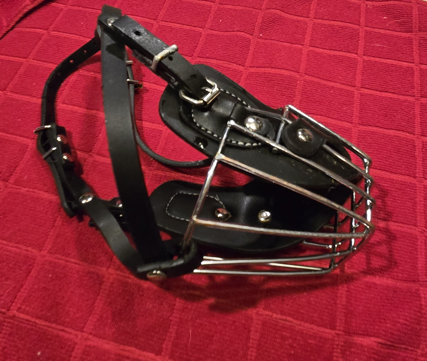 Black Leather Dog Muzzle with Metal Cage - photo 2