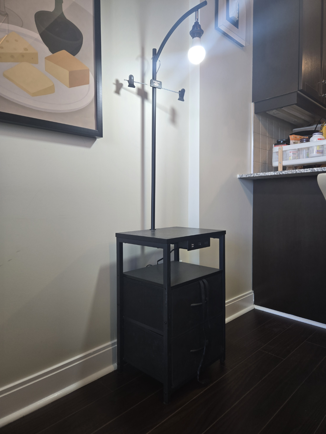 Black Arc Floor Lamp with Two-Drawer Nightstand
