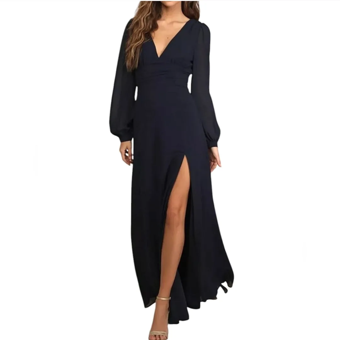Formal Navy Blue Long Sleeve Maxi Dress thumbnail
