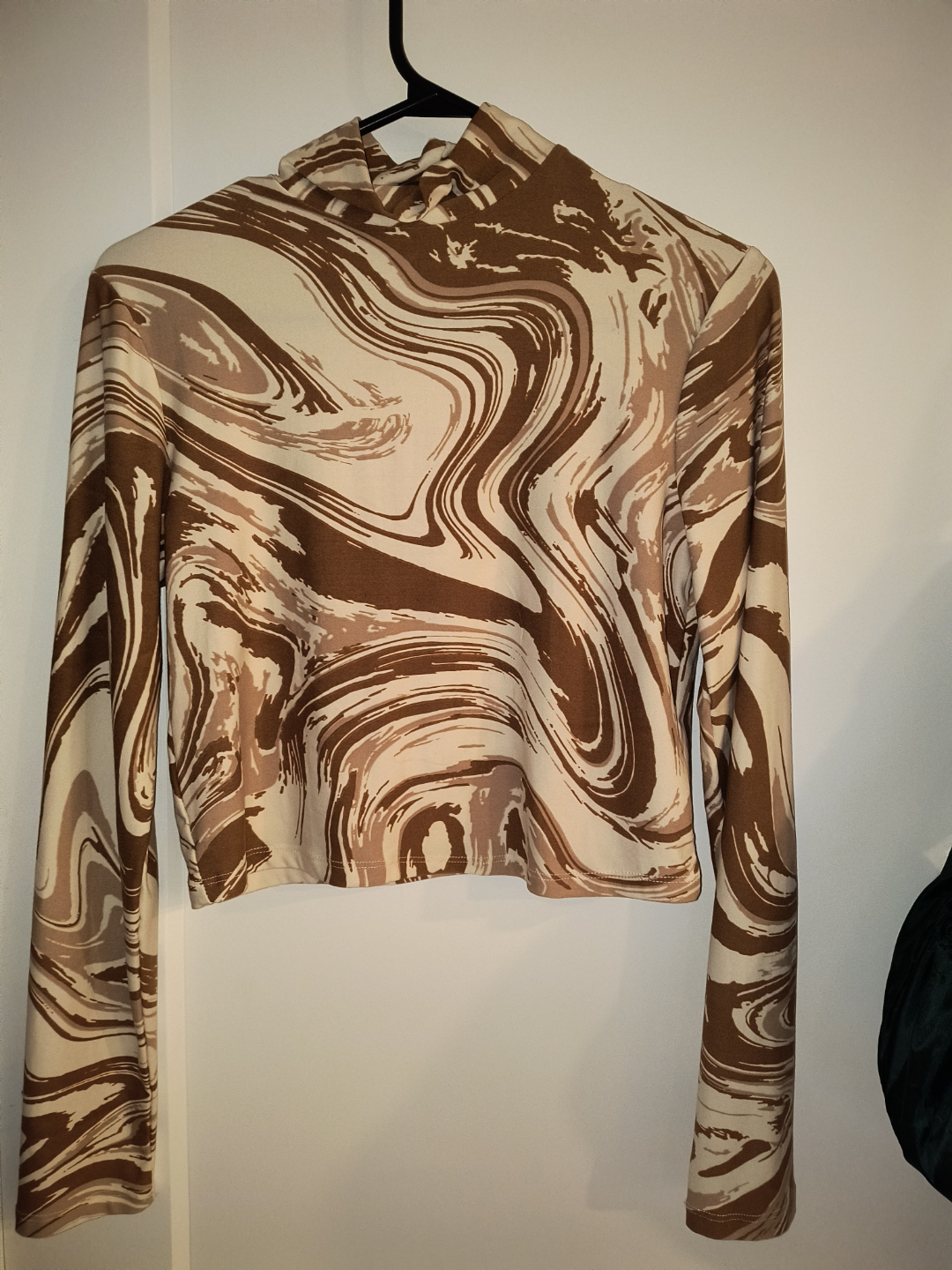 Brown and Beige Marble Print Mock Neck Long Sleeve Crop Top