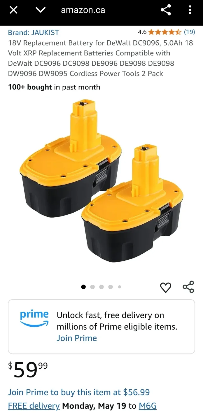 2-Pack 18V 5000mAh Replacement Batteries for DeWalt DW9096 thumbnail