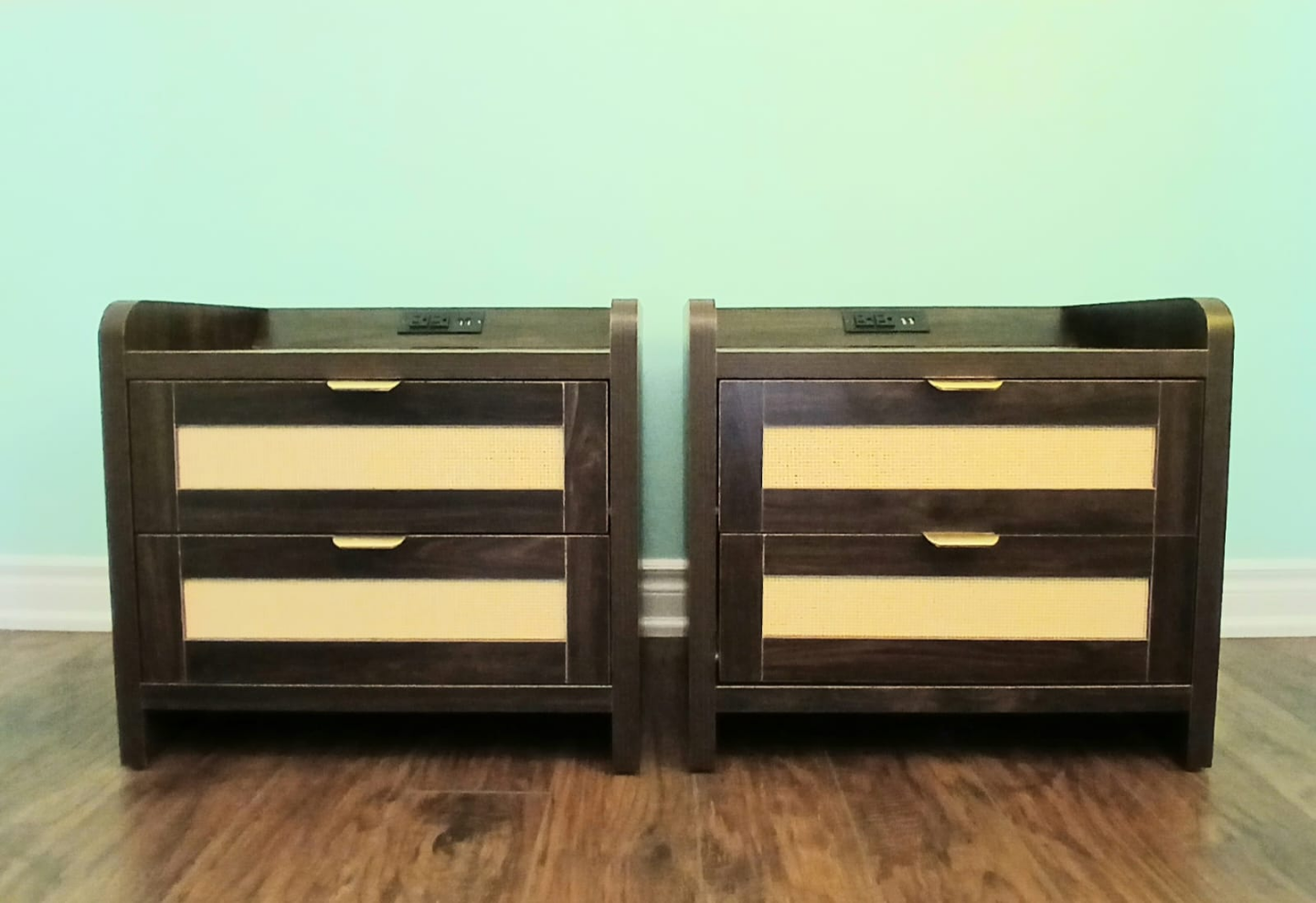 Pair of Dark Brown Two-Drawer Nightstands with Built-in Outlets