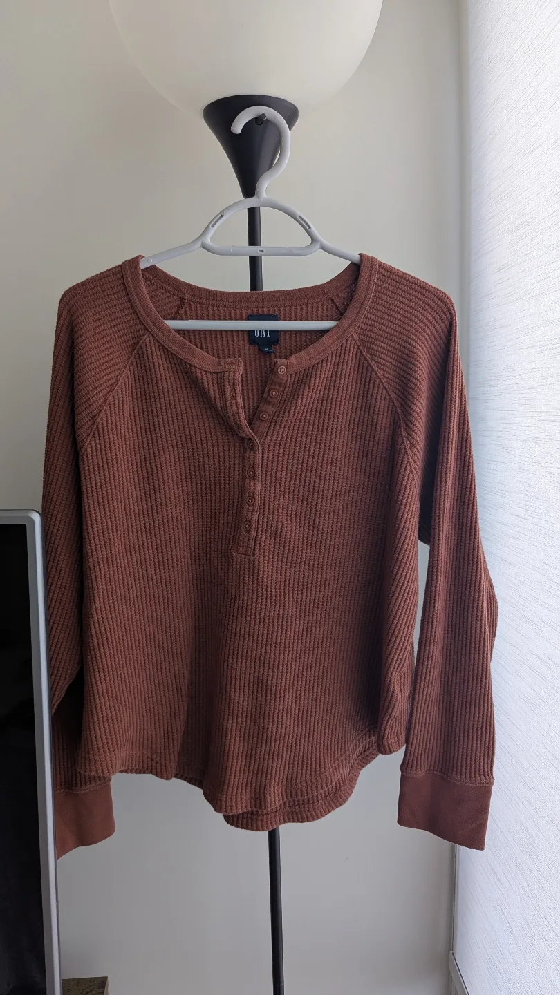 Brown Waffle Knit Henley Long Sleeve Top thumbnail
