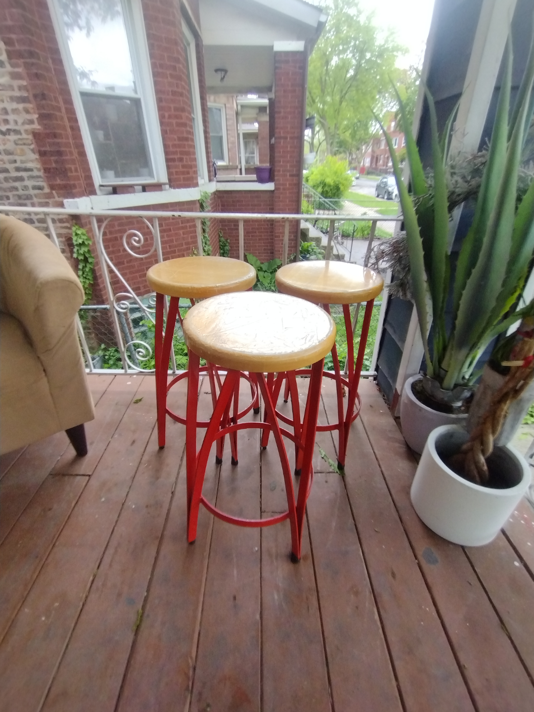 Set of 3 Red Metal and Wood Stools