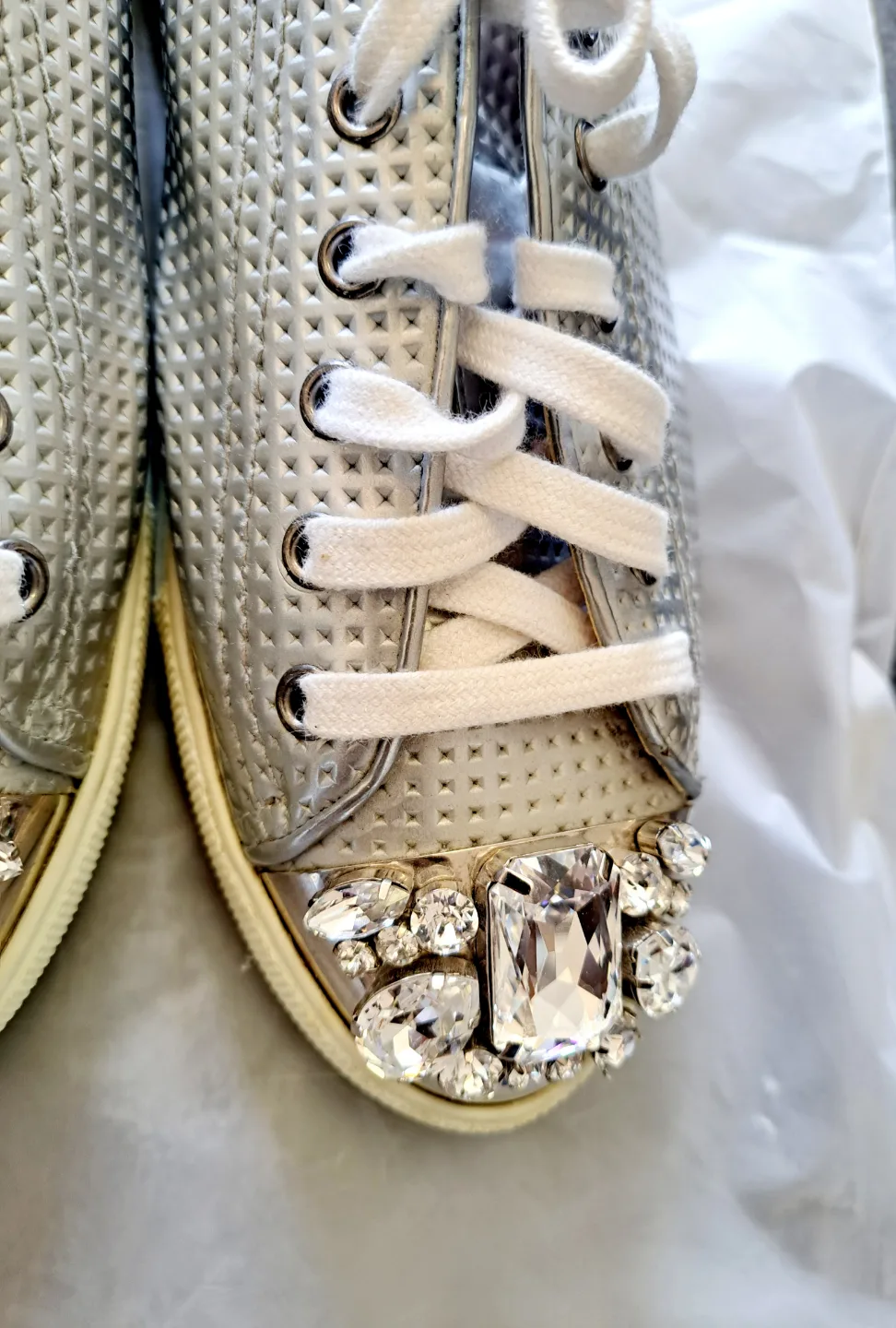 Ladies Miu Miu Swarovski crystal toe-cap sliver sneakers image indicator(2)