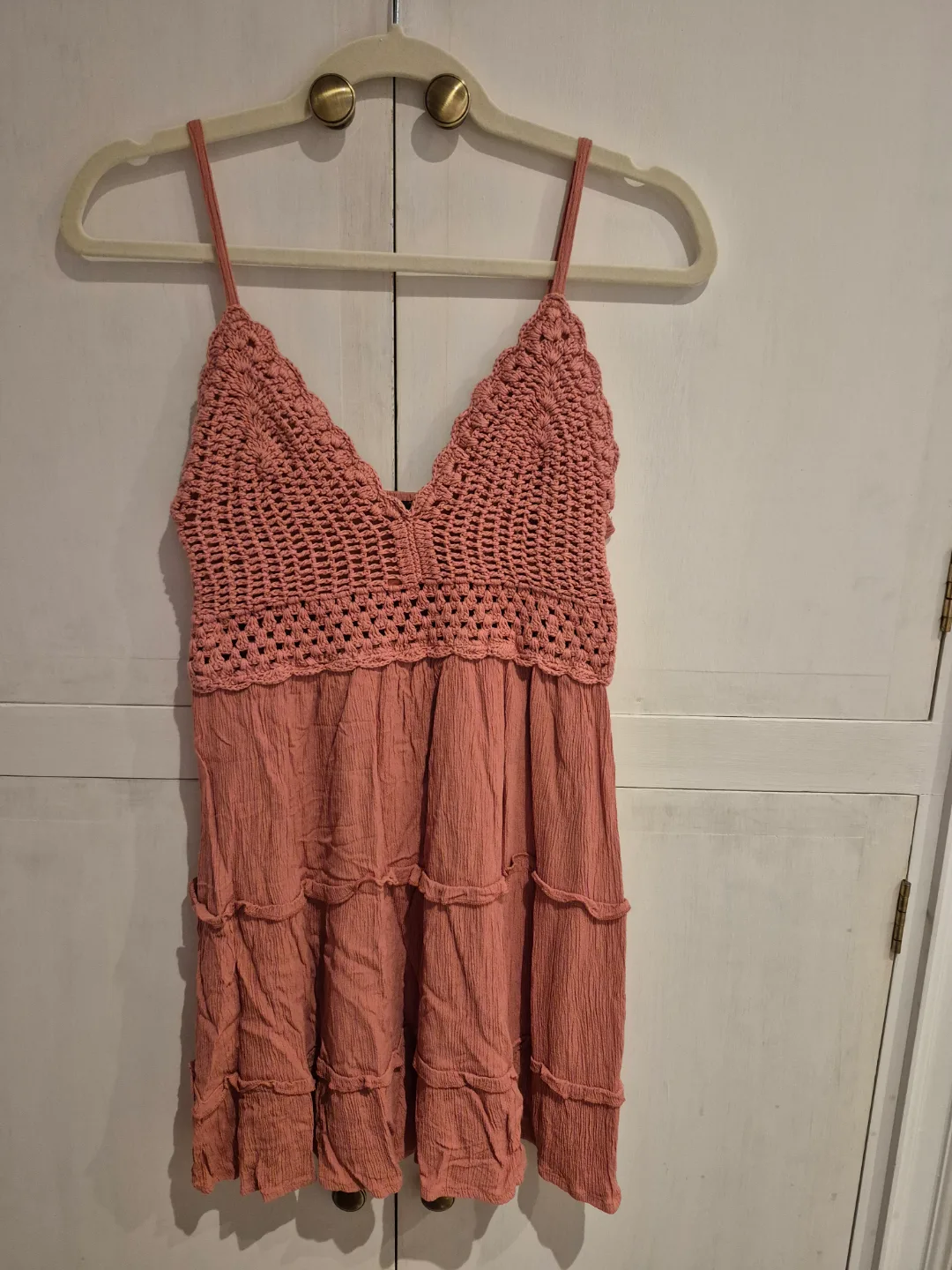 Dusty Rose Crochet Detail Mini Dress thumbnail