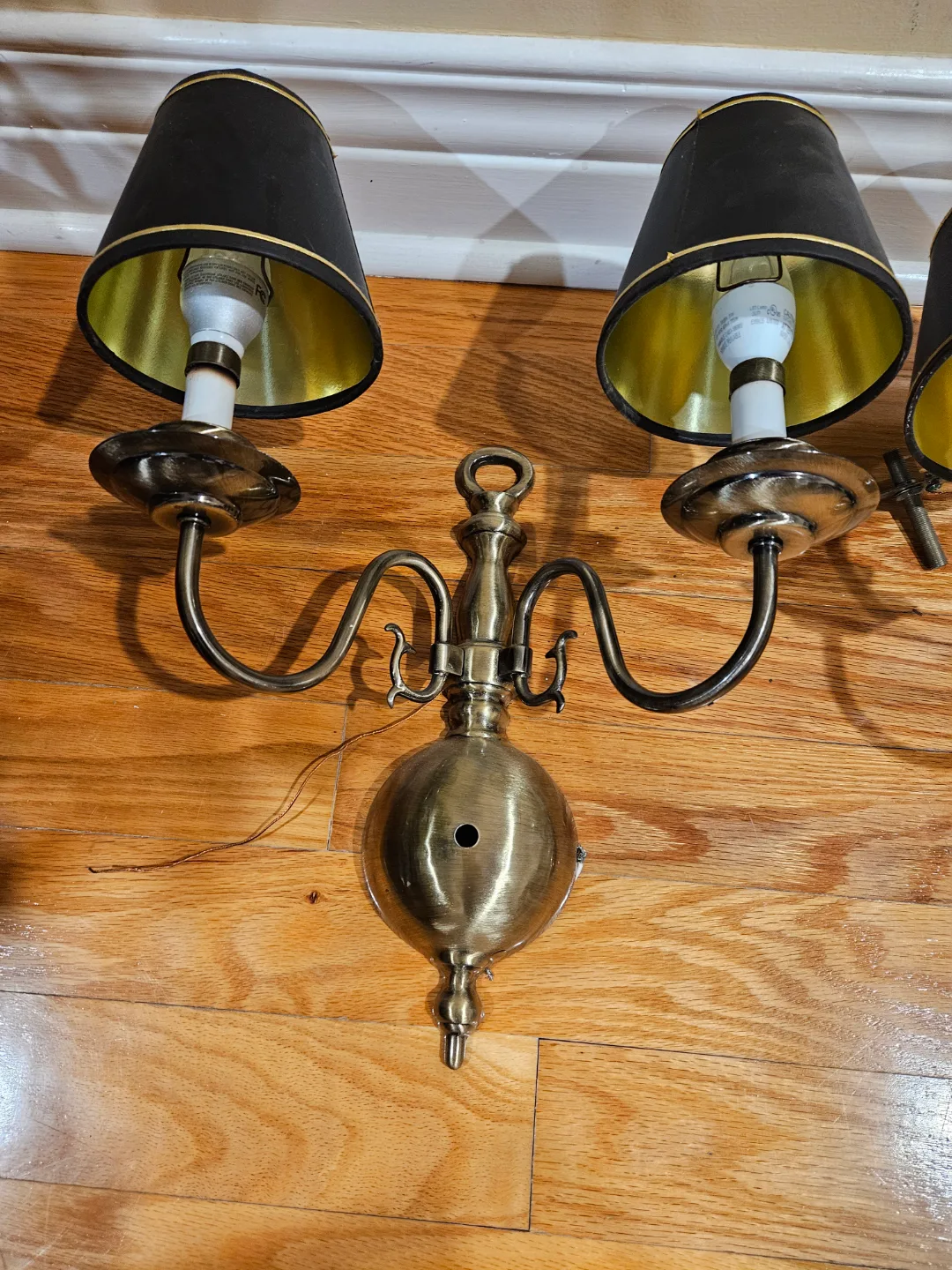 Pair of Antique Brass Double Wall Sconces with Black Shades image indicator(2)