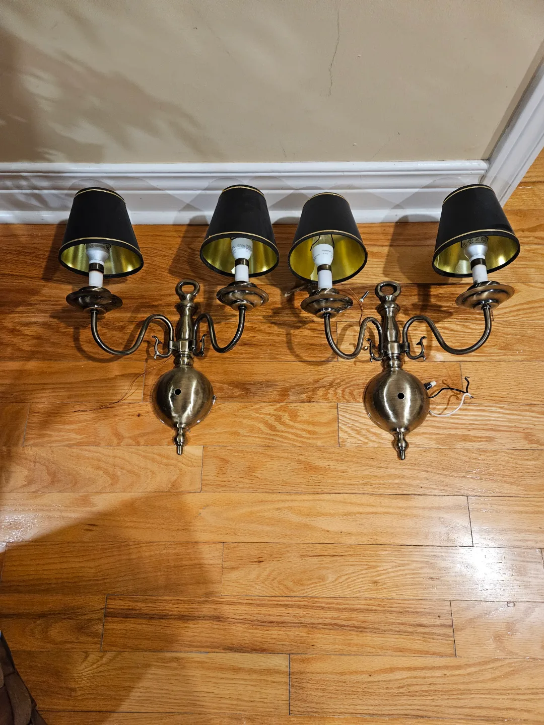 Pair of Antique Brass Double Wall Sconces with Black Shades image indicator(3)