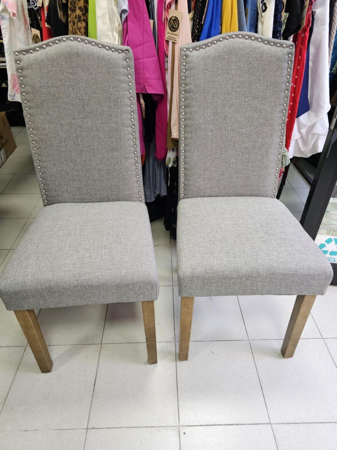 Set of Two Grey Fabric Dining Chairs with Nailhead Trim