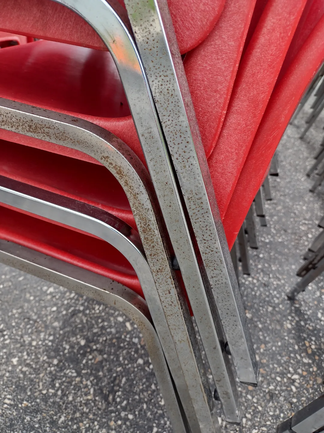 18" Red Adult Plastic Stacking Chairs With Chrome Legs - 91 Av image indicator(2)