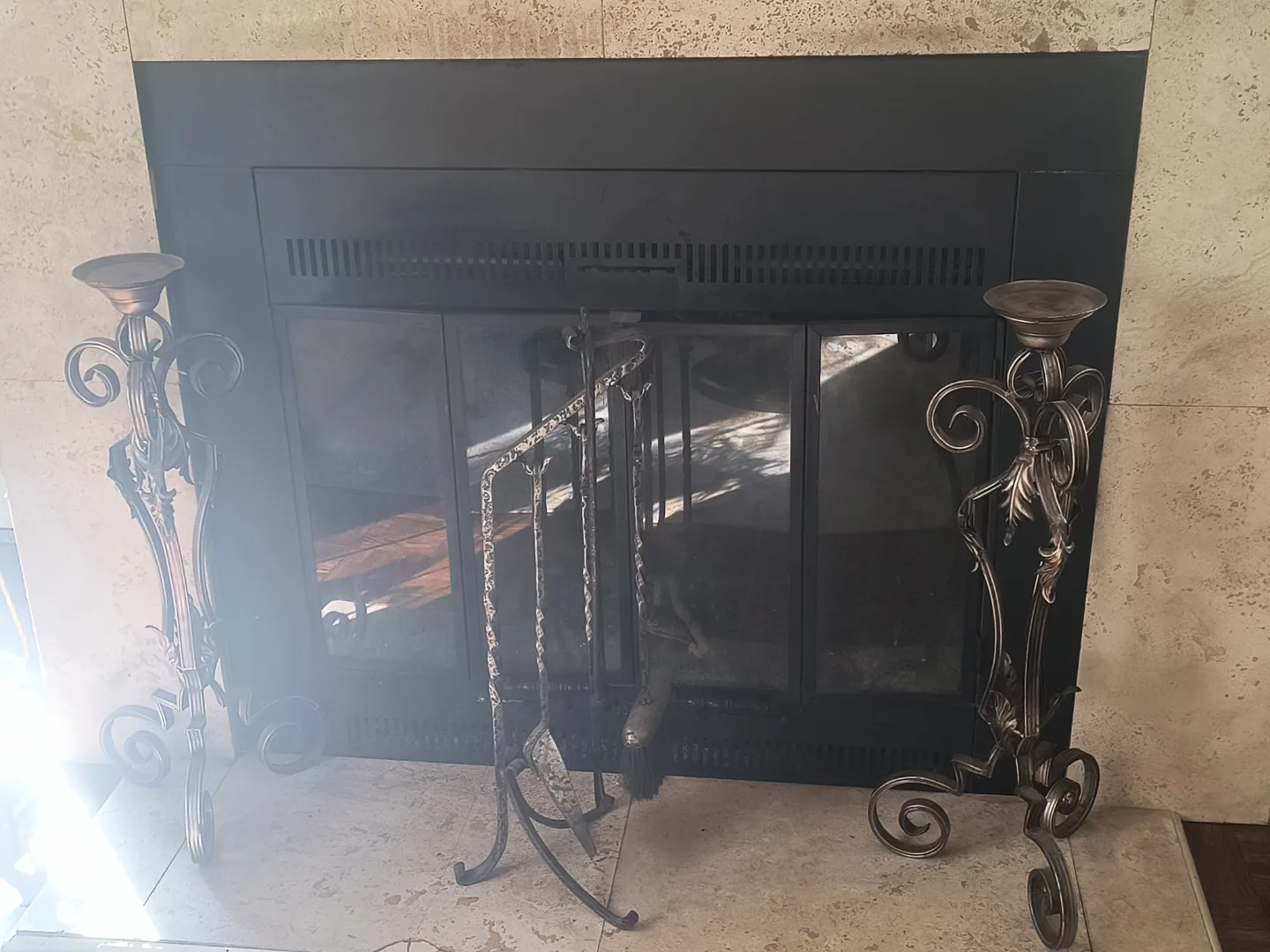 Ornate Fireplace Tool Set with Candle Holders thumbnail
