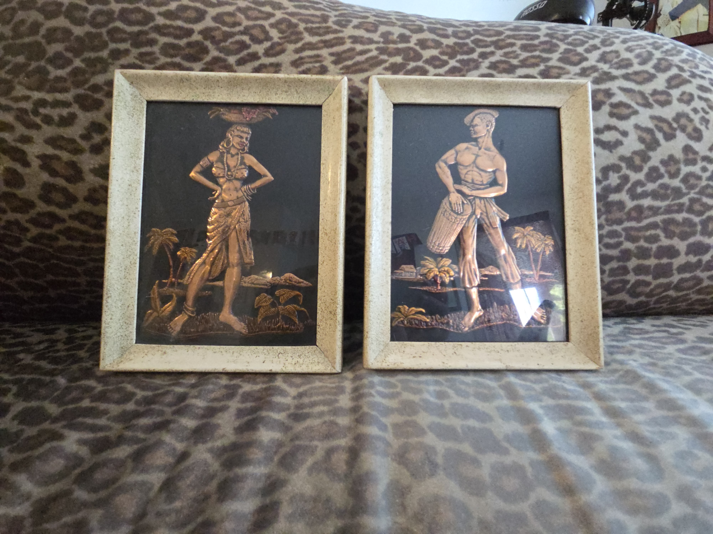 Vintage Pair of Copper Relief Wall Art - Tropical Theme
