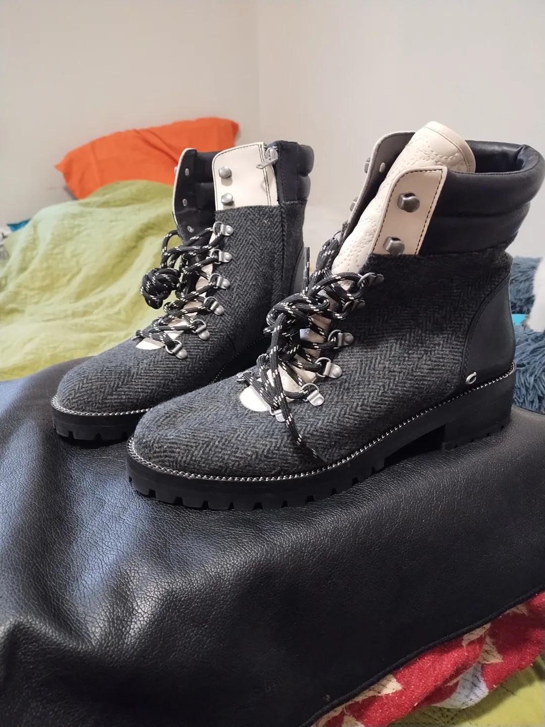 Coach LORREN Women's Grey and White Tweed Lace-Up Boots image indicator(3)