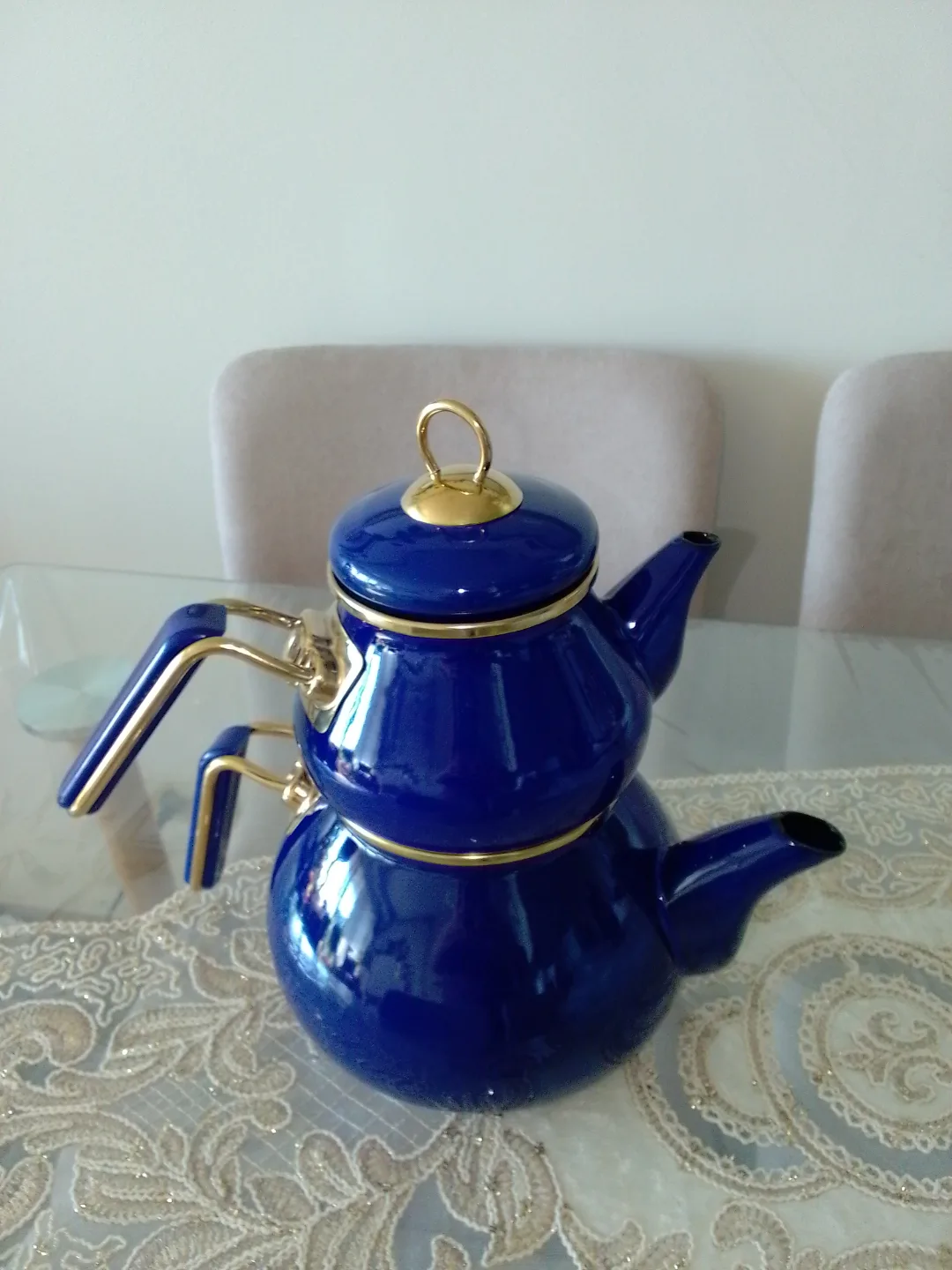 Beautiful Blue Enamel Tea Kettle Set thumbnail