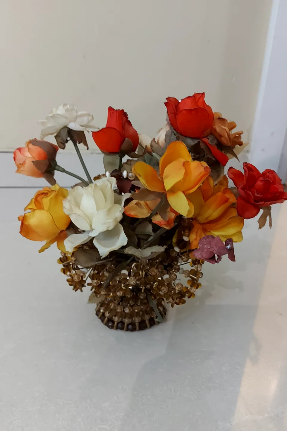 Vintage Beaded Vase with Artificial Flowers thumbnail