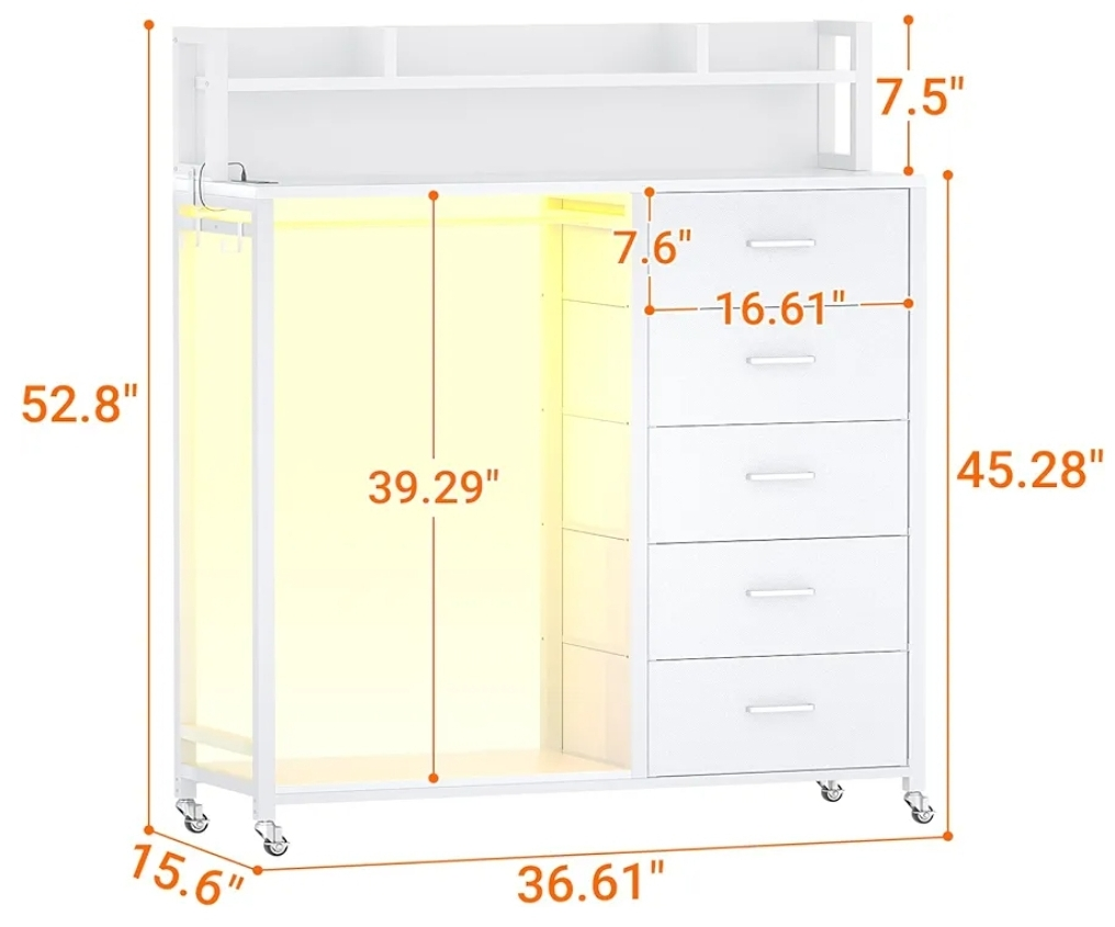 White 5-Drawer Dresser with Clothes Rack & Shelves - photo 3