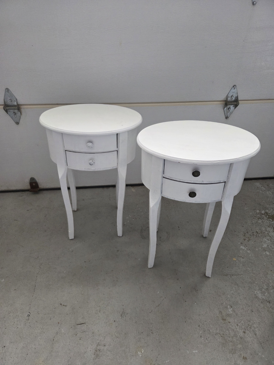 Pair of White Round End Tables with Two Drawers