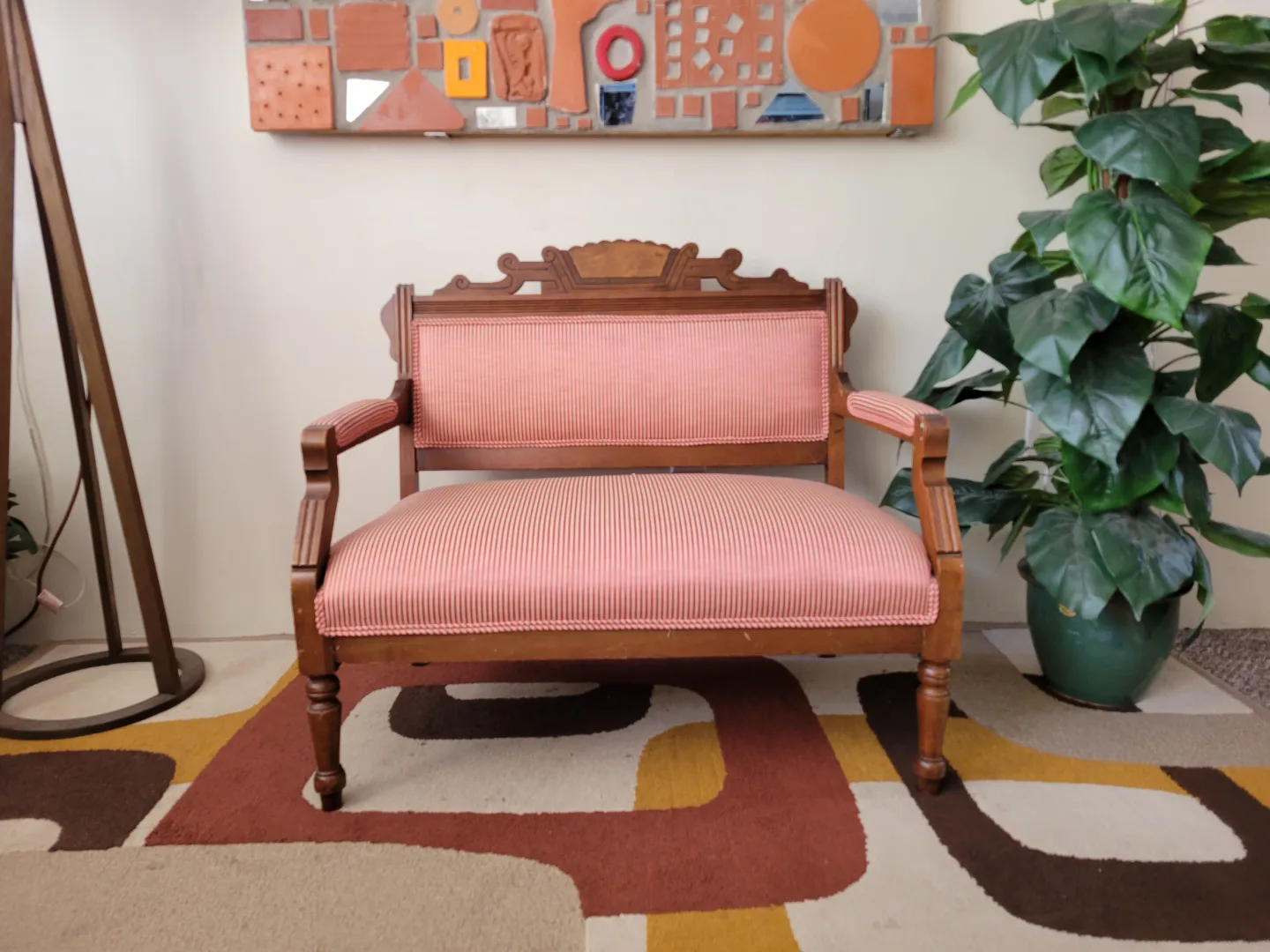 Vintage Carved Mahogany Frame Stripped Settee thumbnail