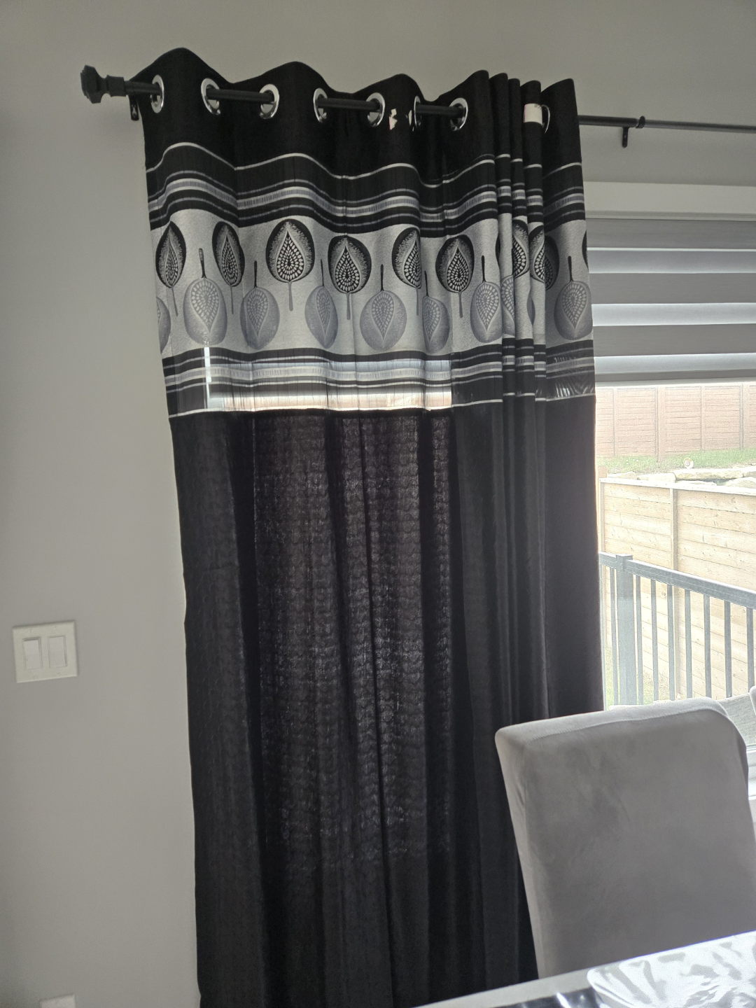 Black and Silver Leaf Pattern Grommet Curtains