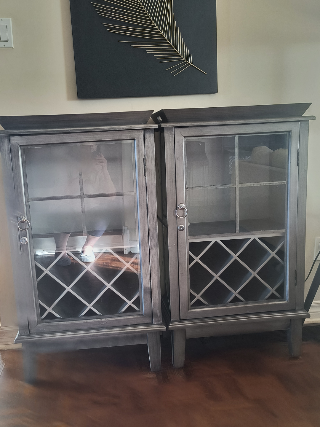Pair of Grey Distressed Wine Cabinets with Trays