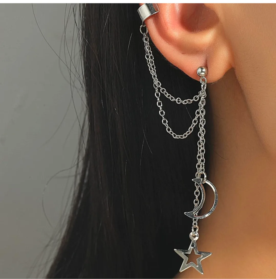 🏒FREE NEW Silver Moon and Star Ear Cuff and Dangle Earring thumbnail