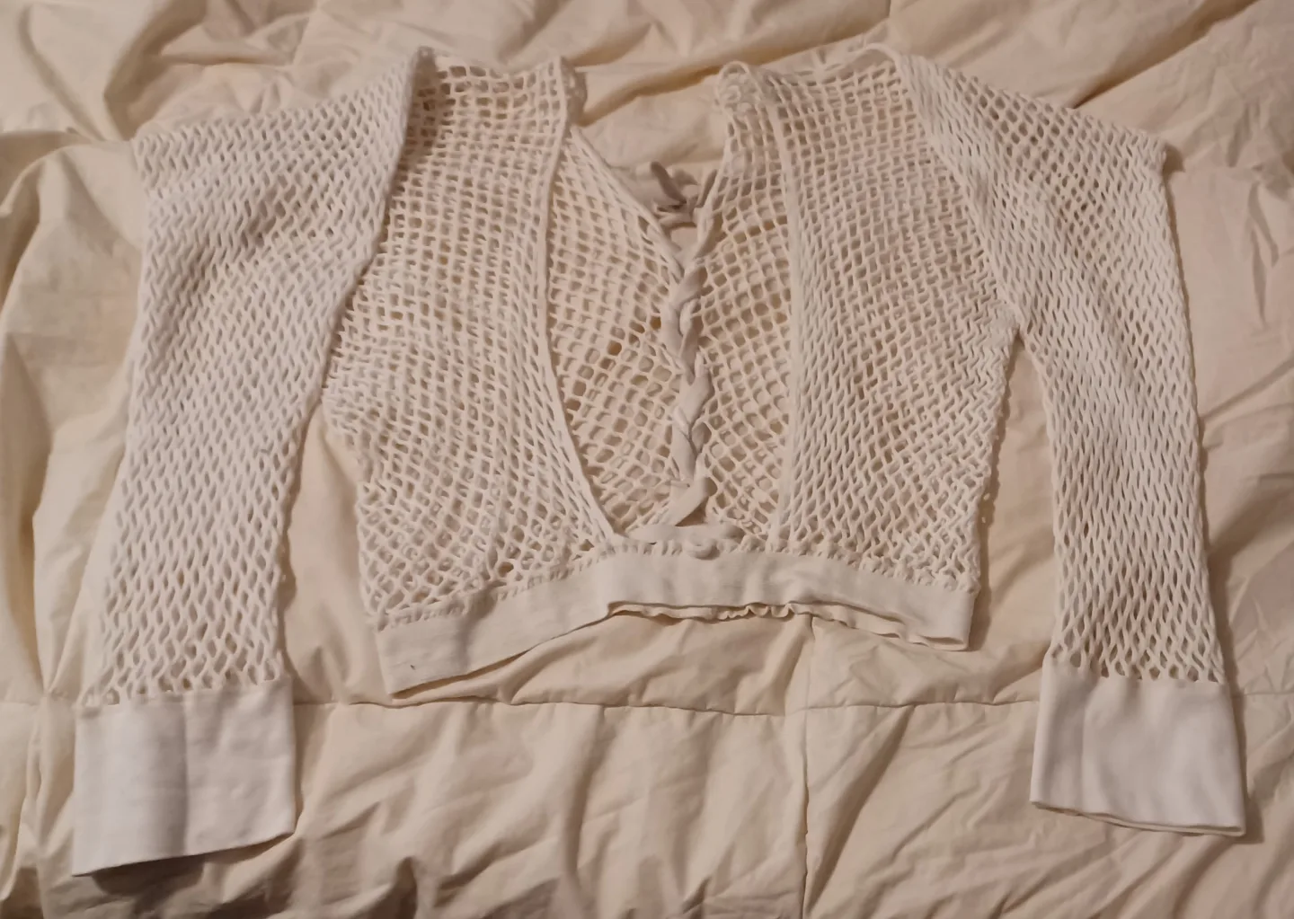 Cream-coloured Fishnet Long-Sleeve Crop Top image indicator(2)