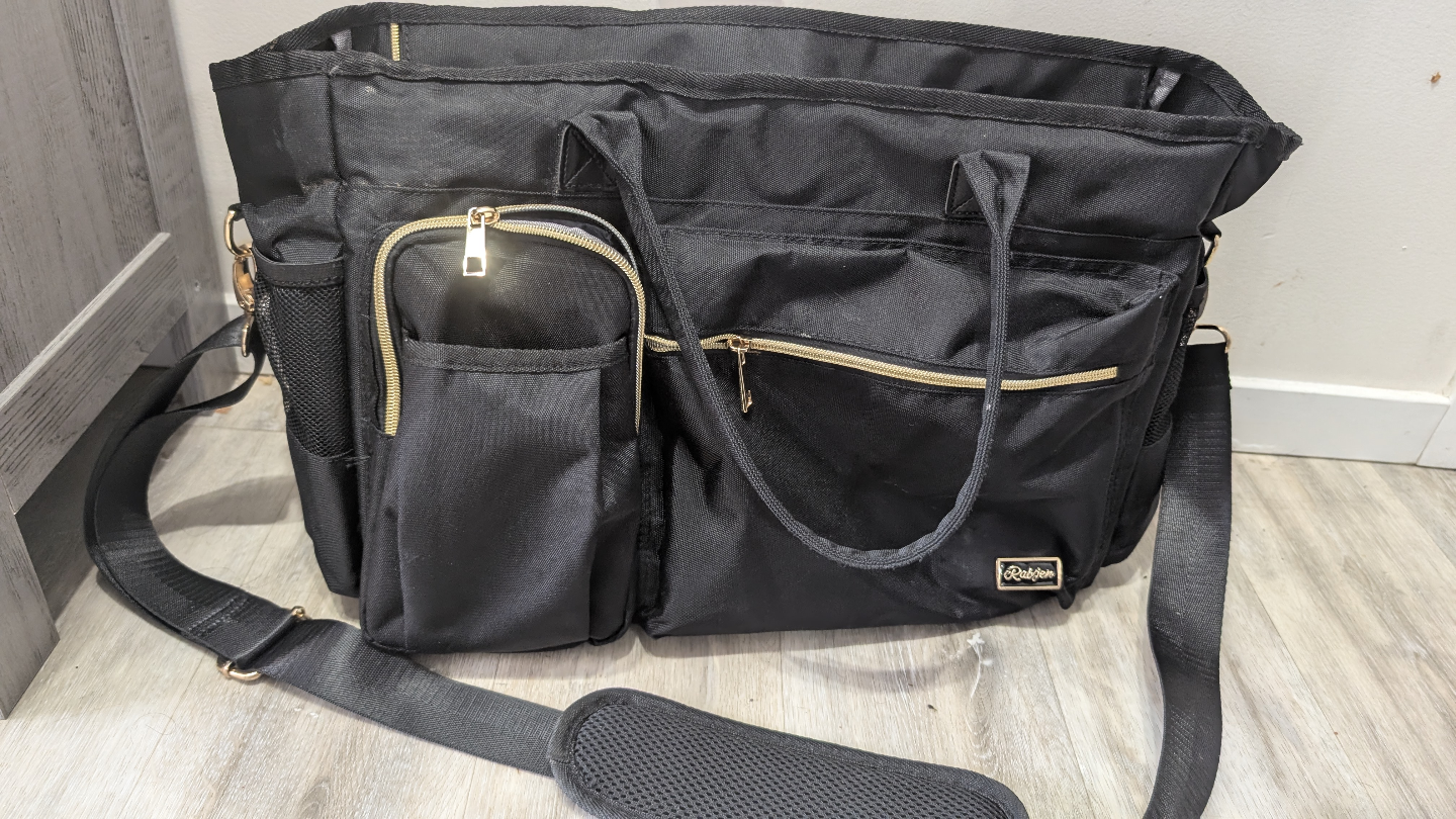 Black Diaper Bag Tote with Multiple Pockets