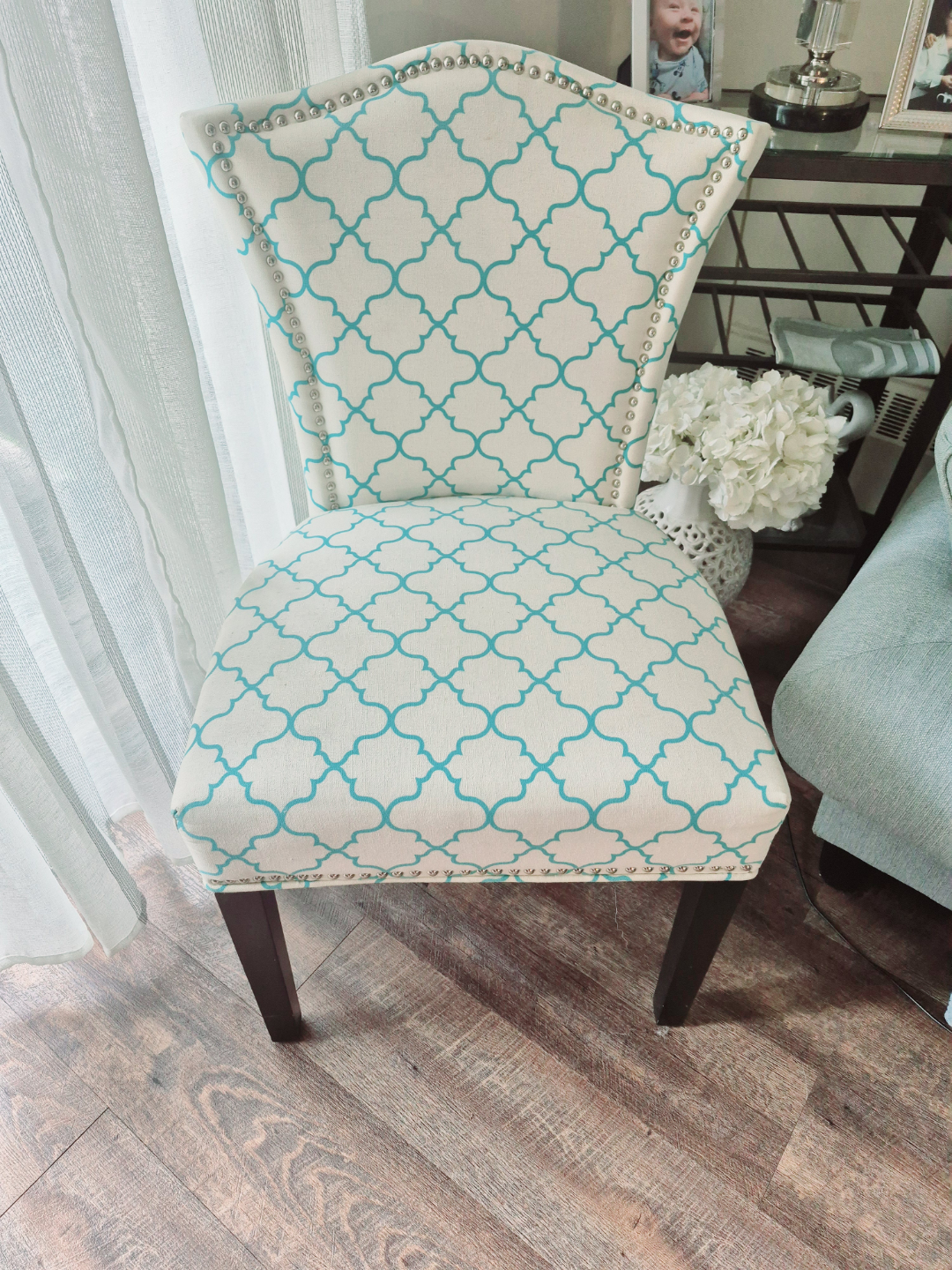 Teal and White Patterned Accent Chair