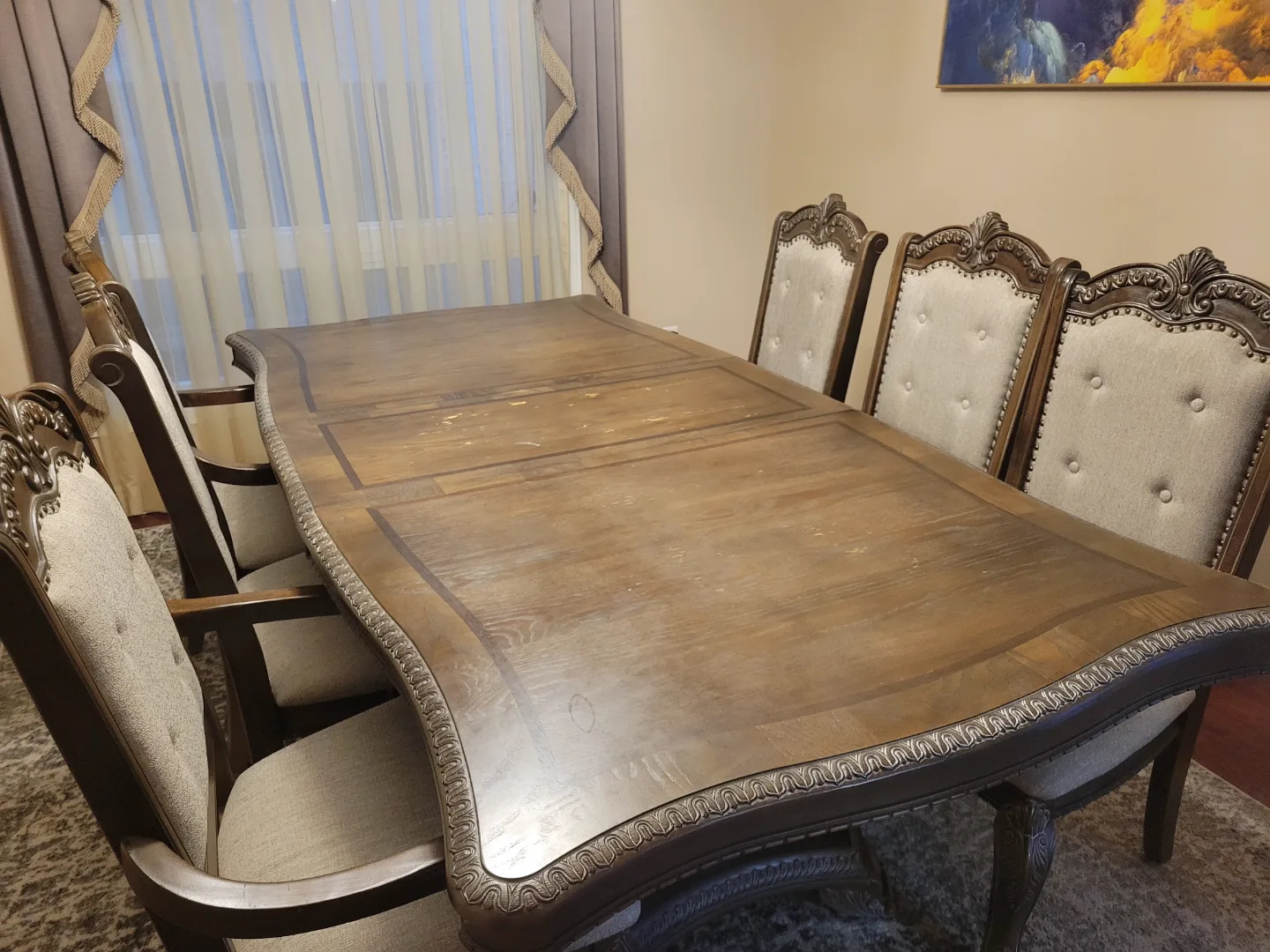 Elegant Dark Brown Wood Dining Table Set with Six Chairs thumbnail