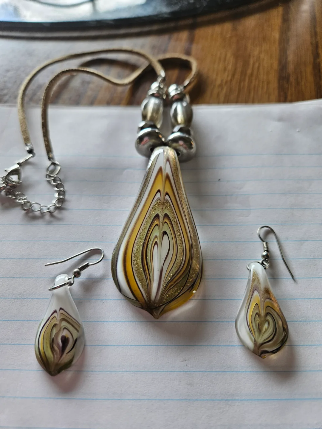 Gold and White Swirl Glass Necklace and Earrings Set thumbnail