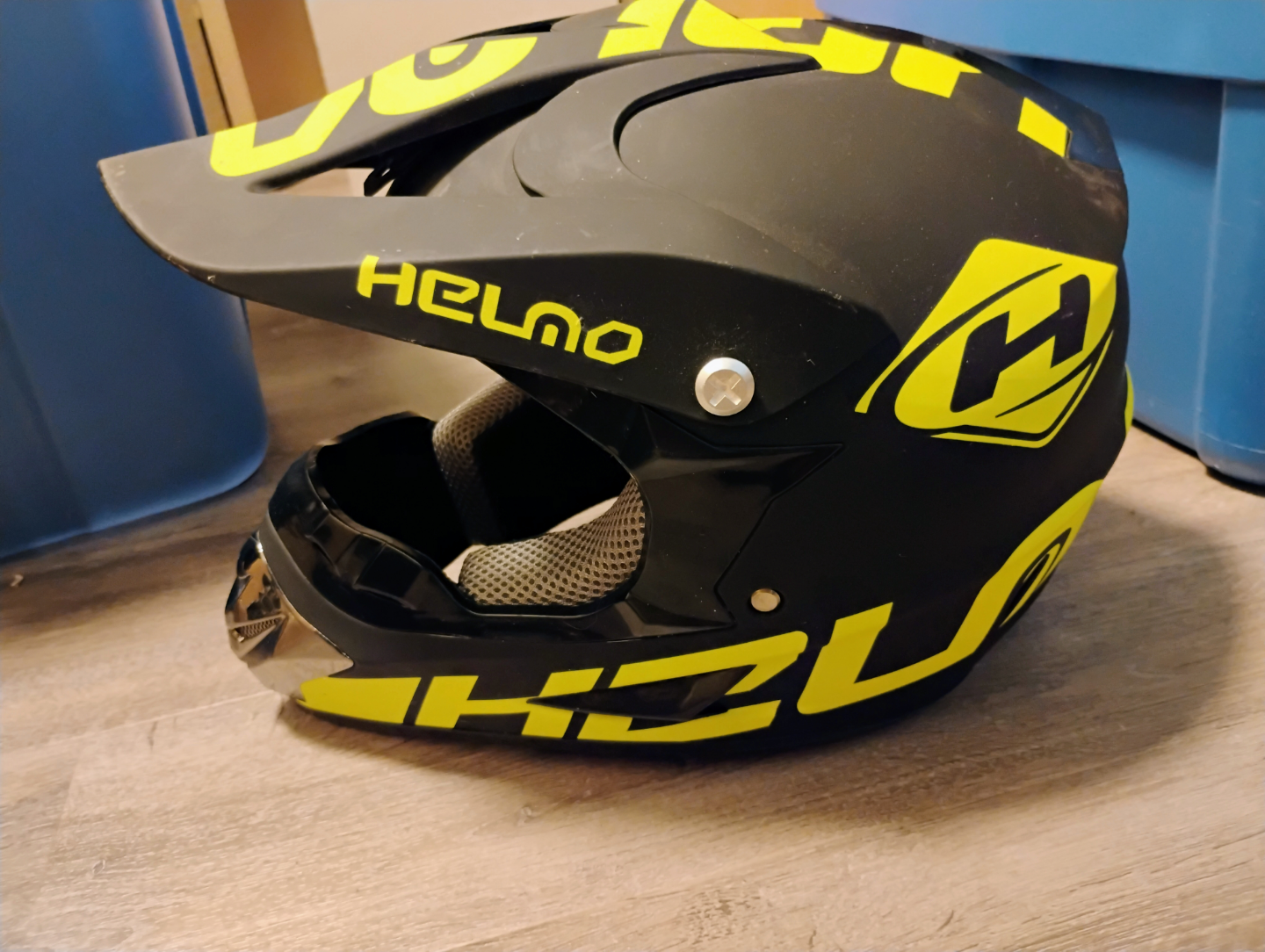 Helmet, black and lime green, motocross style