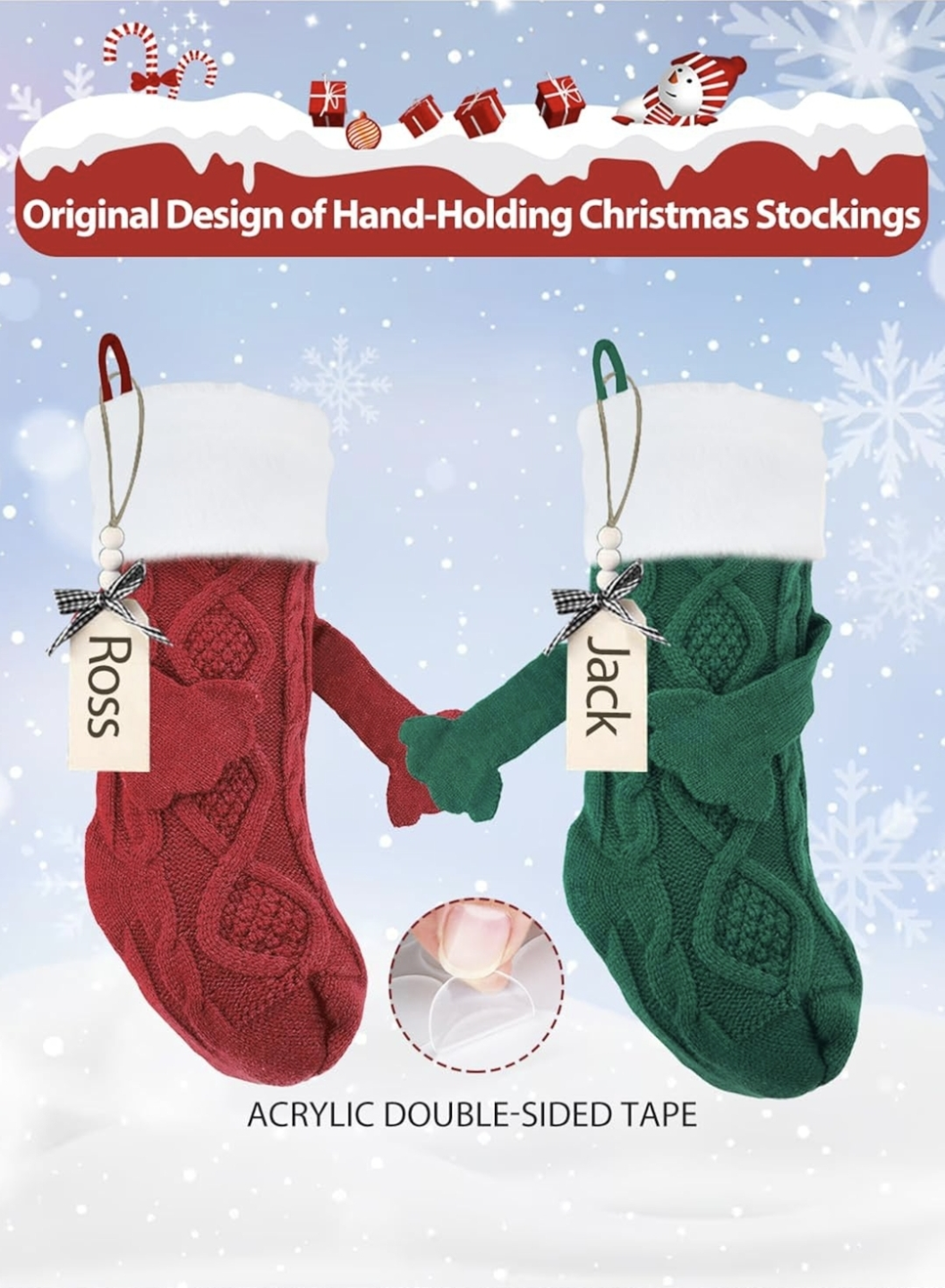 2 Brand New Cute Holding Hands Christmas Stockings, Name Tags - photo 4