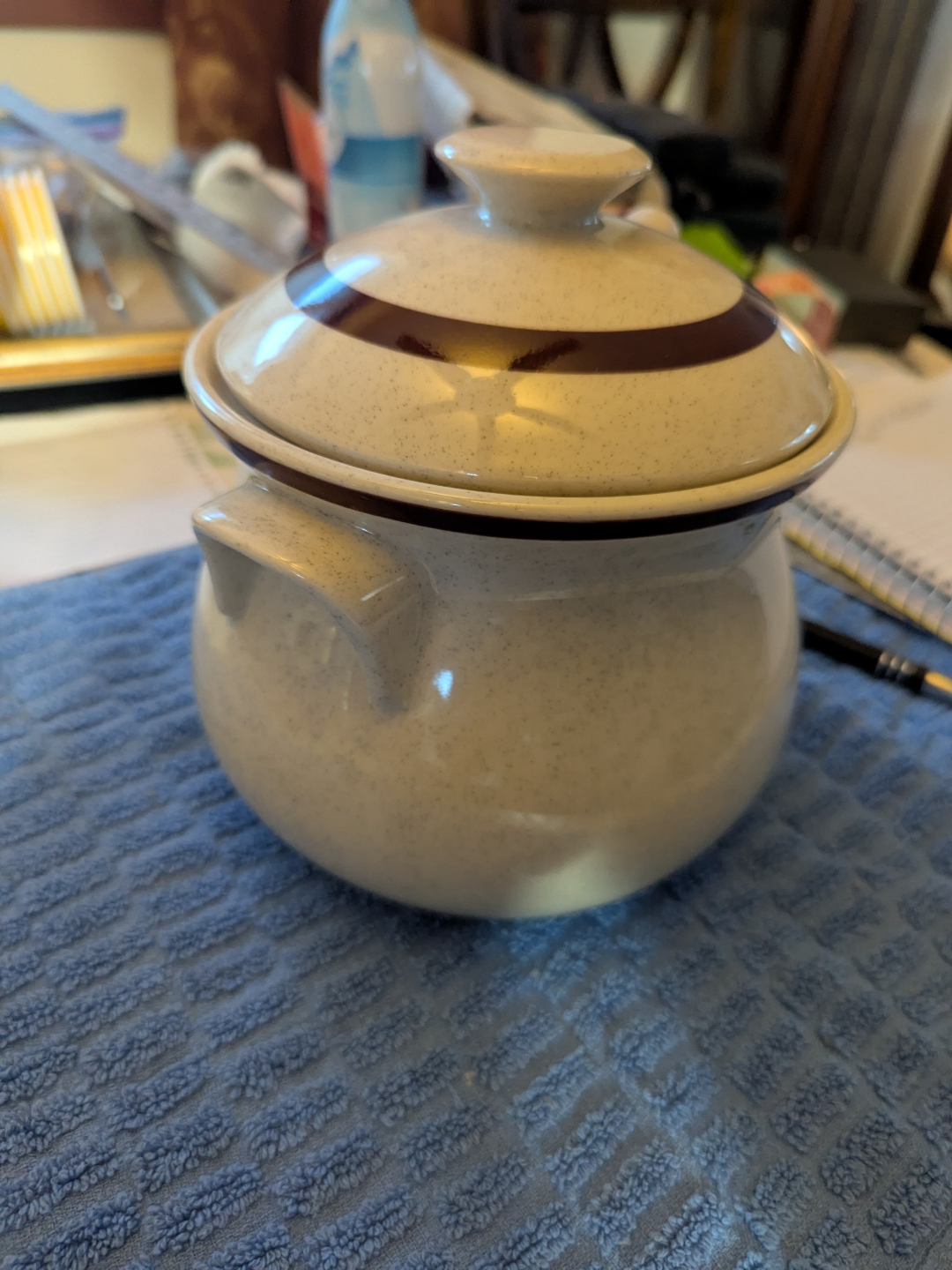 Vintage speckled ceramic soup tureen with lid and spoon