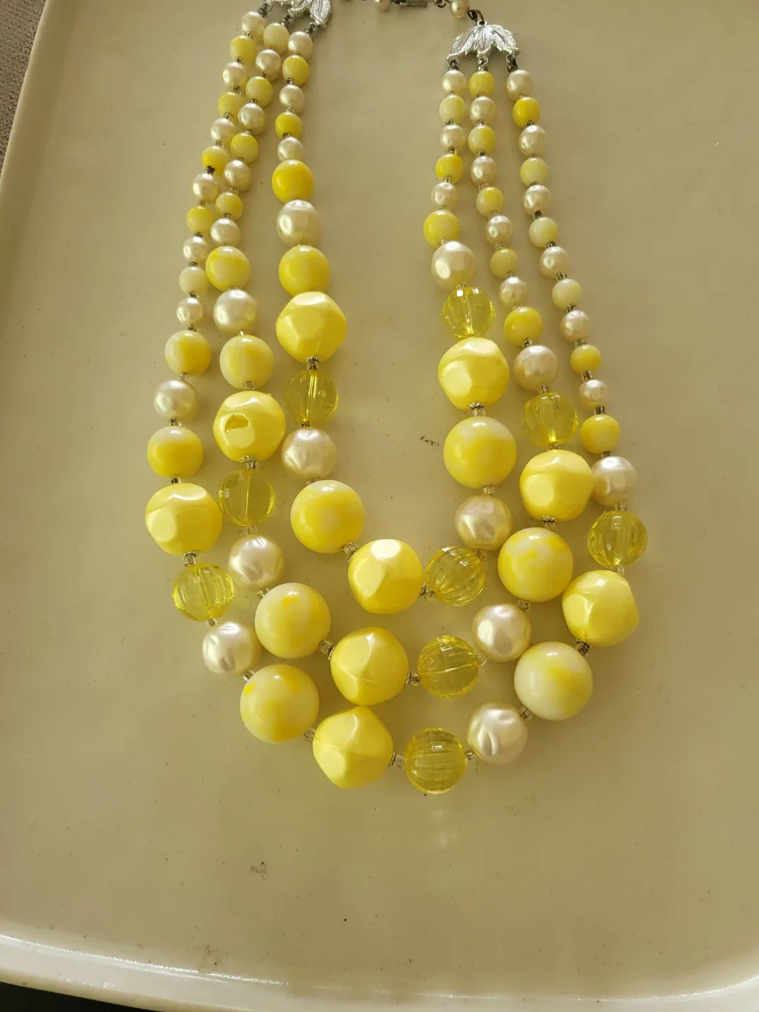 Vintage Three-Strand Beaded Necklace - Yellow & White thumbnail