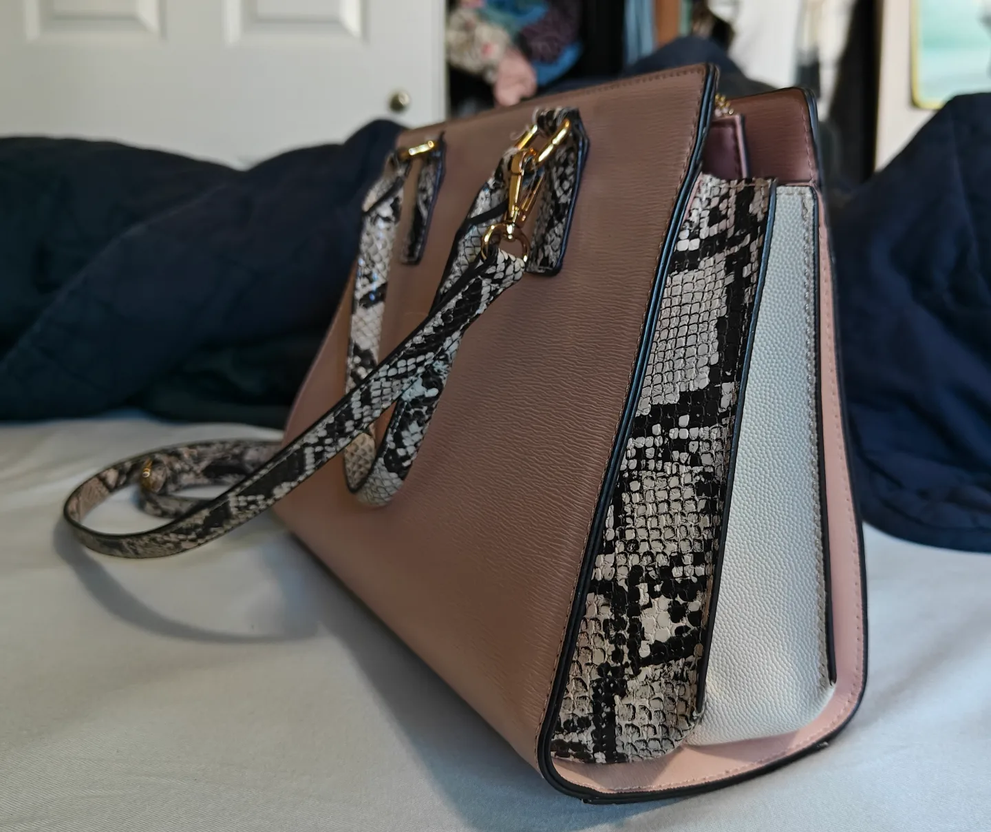 ALDO Pink and White Snakeskin-Trim Satchel 🧡💖 image indicator(2)
